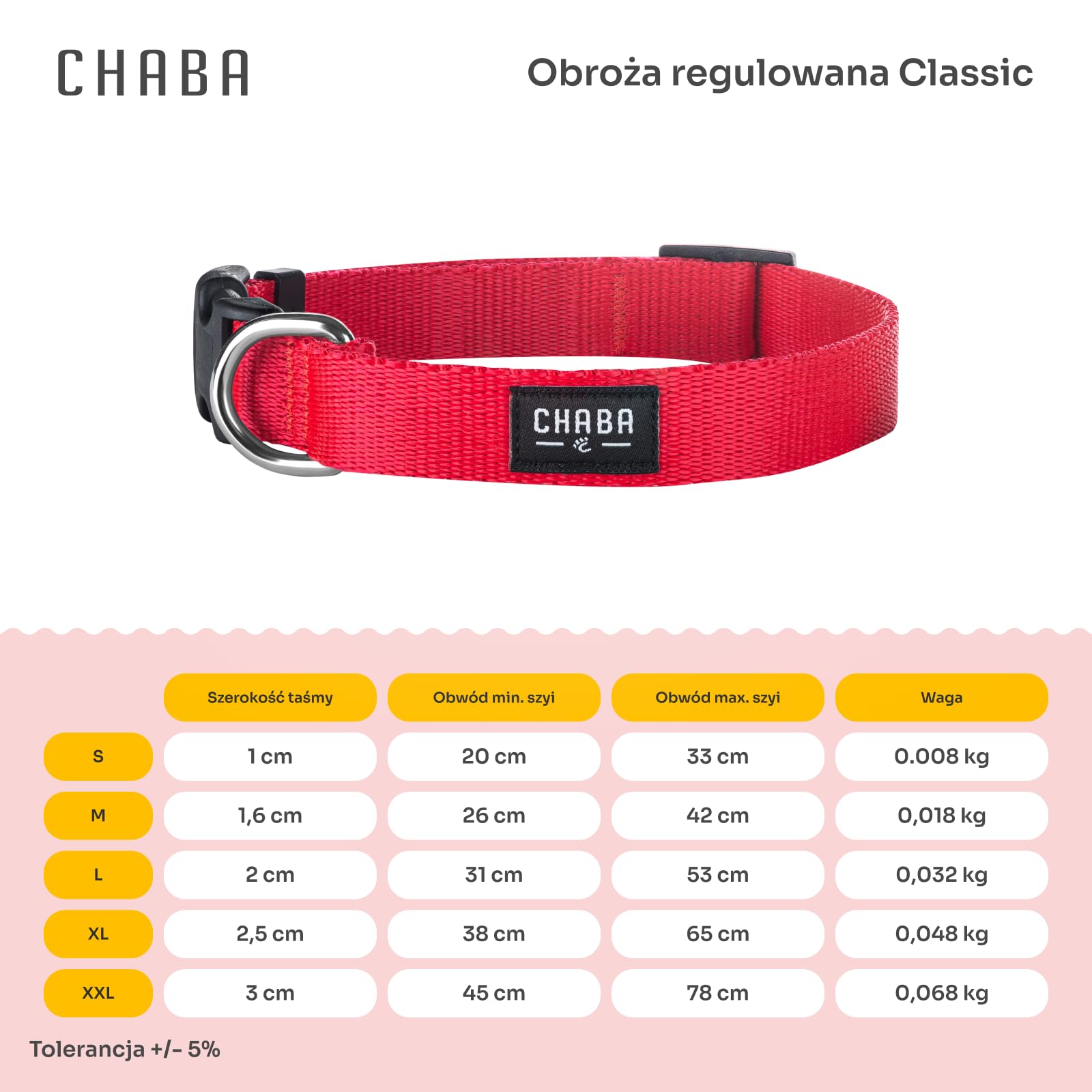 Chaba Obroża dla Średniego Psa | Regulowana 31-53cm | Szerokość 2cm | Materiałowa, Parciana | Lekka | Mocny Zatrzask | NO SHARP | Wytrzymała Taśma | CZERWONA - L