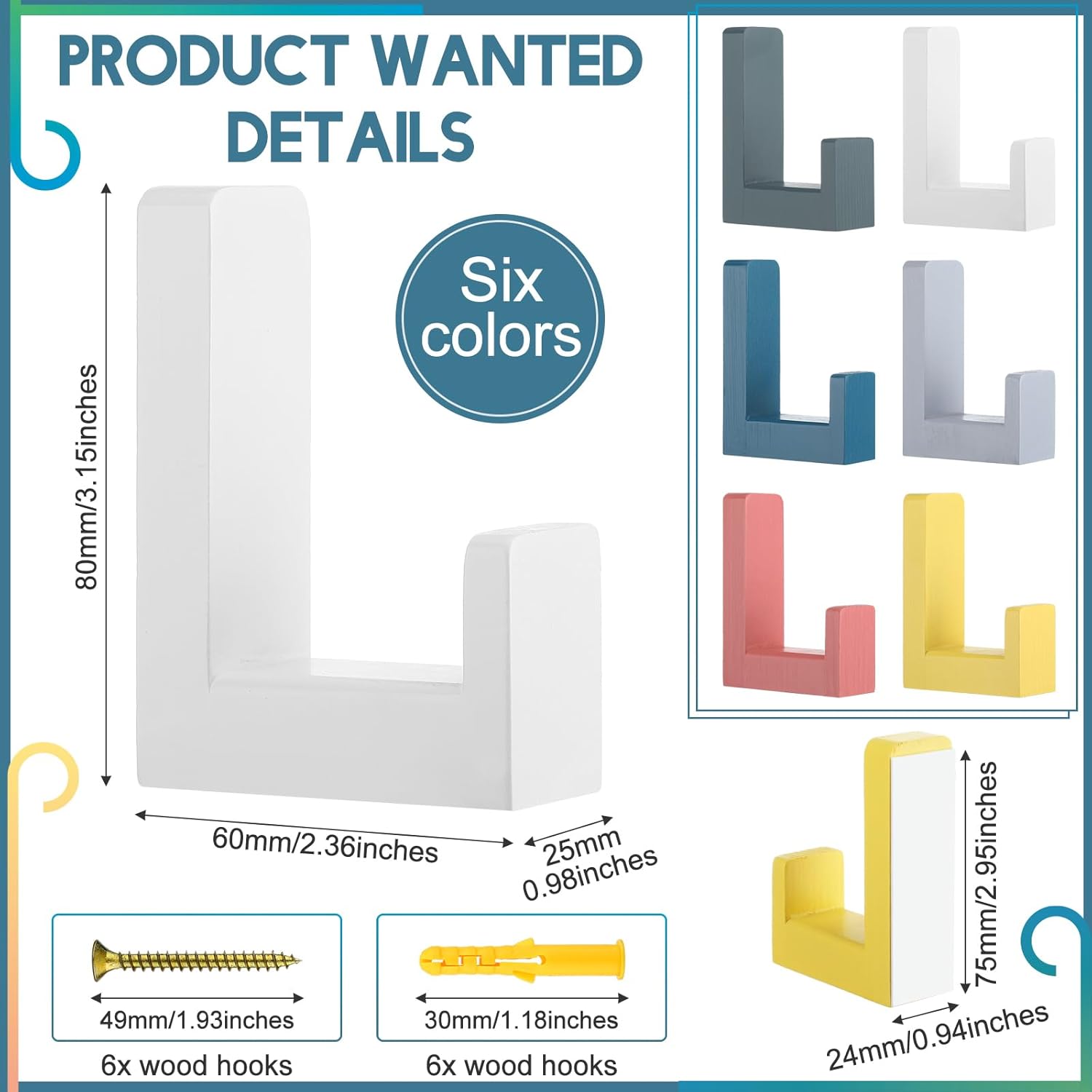 6 Pack Cute Kids Coat Wall Hooks Wooden Adhesive Decorative Colorful Wall Mounted Hangers Backpack Hooks for Hanging Keys Towel Clothes Bathroom Organization(Colorful) - Image 2