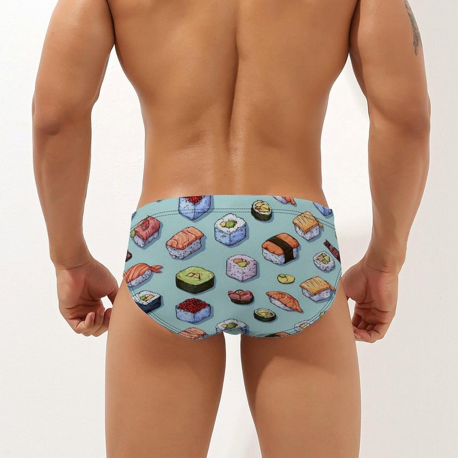 Japanese Sushis Men's Swimsuit Brief Sexy Bikini Briefs Retro Printed Swimwear Quick Dry Swimming Trunks 3X-Large