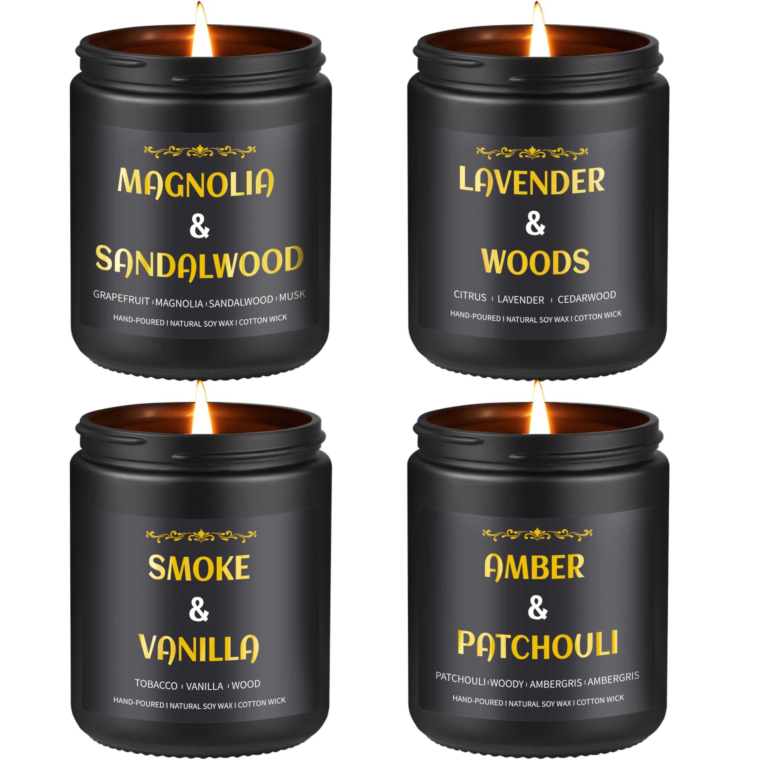 Candele profumate da uomo, confezione da 4 candele regalo per uomini, compleanno, anniversario, candele in barattolo di soia a lunga durata profumate per la casa (quercia vintage/magnolia e legno di