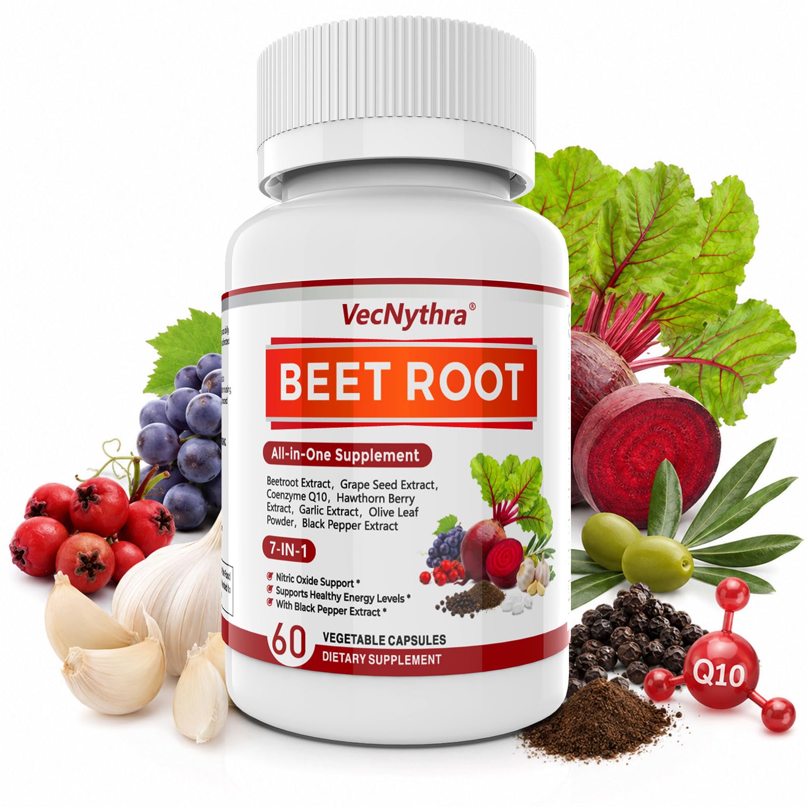 Beet Root Capsules 1000 mg with CoQ10, 7-in-1, 60 Vegetable Capsules