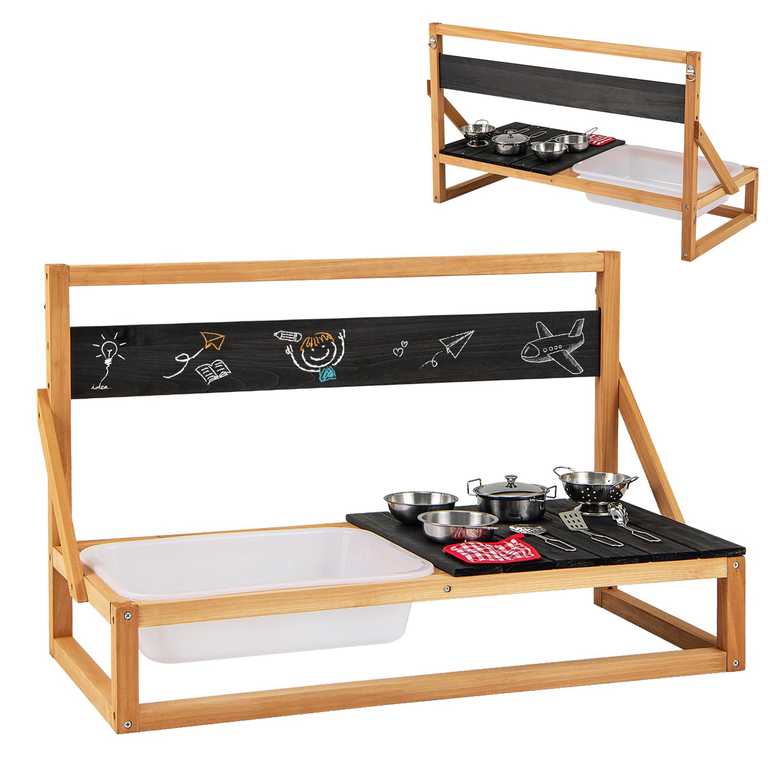 HOMASIS Cocina de Barro y Madera de Abeto Con Pizarra, Fregadero, Accesorios y Paño, Set Infantil de Exterior para Niños de 3+ Años, 81x36x49cm, Natural