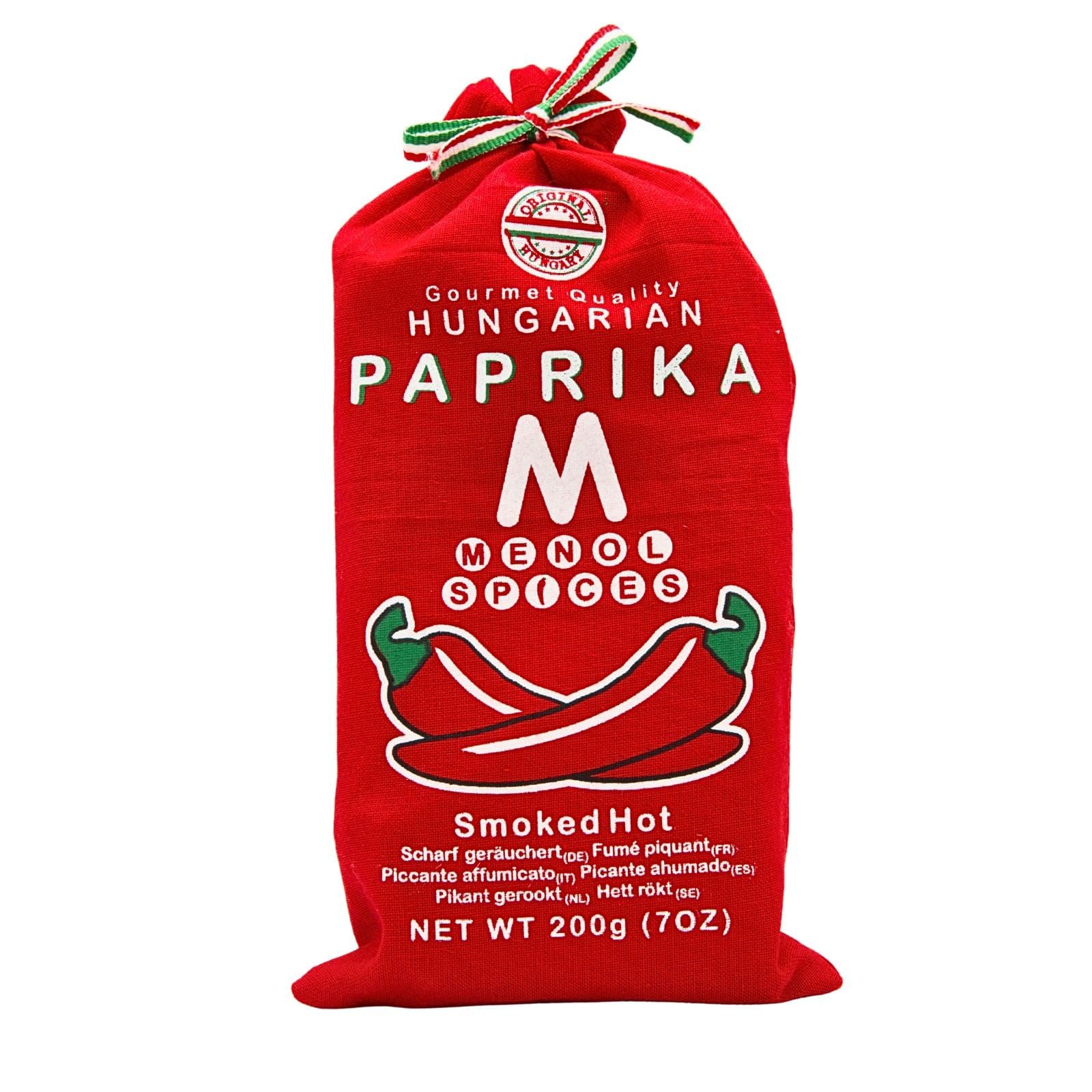 Menol Spices Paprika Fumé Fort 200g, Poudre de Paprika Hongrois | Paprika fumé et fort, fumée de hêtre, jamais amer, sachet en tissu, pour chorizo, paella et barbecue