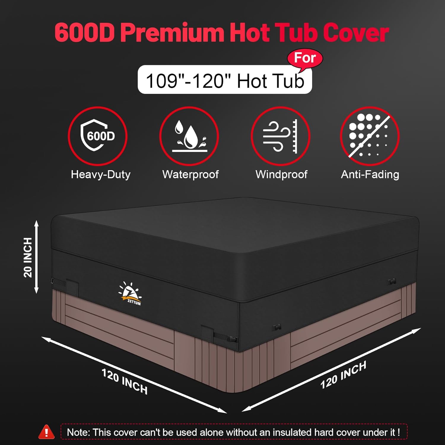 Zettum Hot Tub Cover - 600D Spa Cover Protector Waterproof & Heavy Duty, Outdoor Square Hot Tub Cover Cap Protection (120 x 120 Inch)