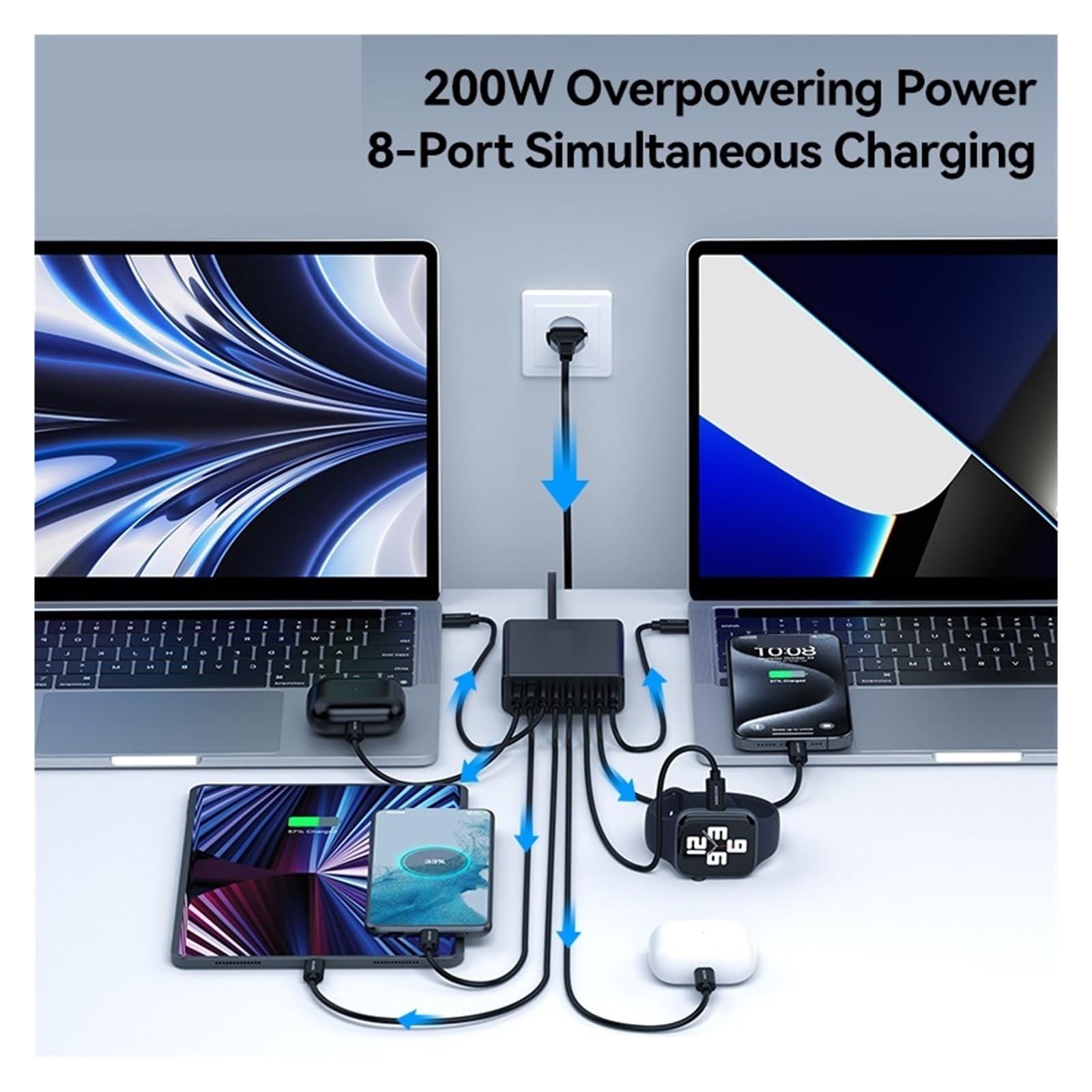 200W 8 Puertos USB Tipo C Cargador De Escritorio PD Carga Rápida USBC Tipo-c Central Eléctrica