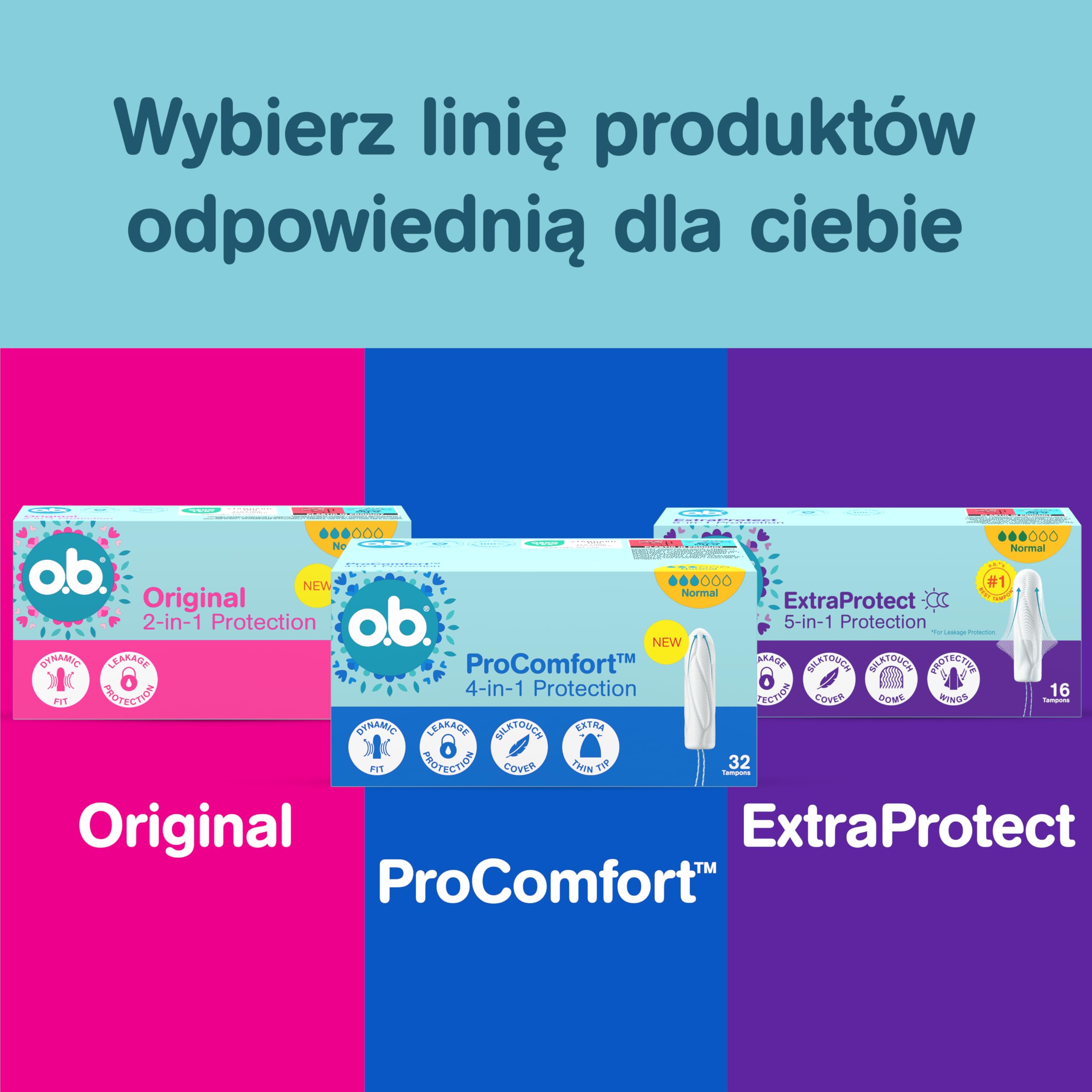 o.b. ProComfort Normal Tampony Zestaw 6x16 szt. NOWOŚĆ, Łatwa aplikacja i usuwanie tamponu, Na średnie lub mocne krwawienie, Wnętrze tamponu wykonane w 100% z materiałów pochodzenia roślinnego