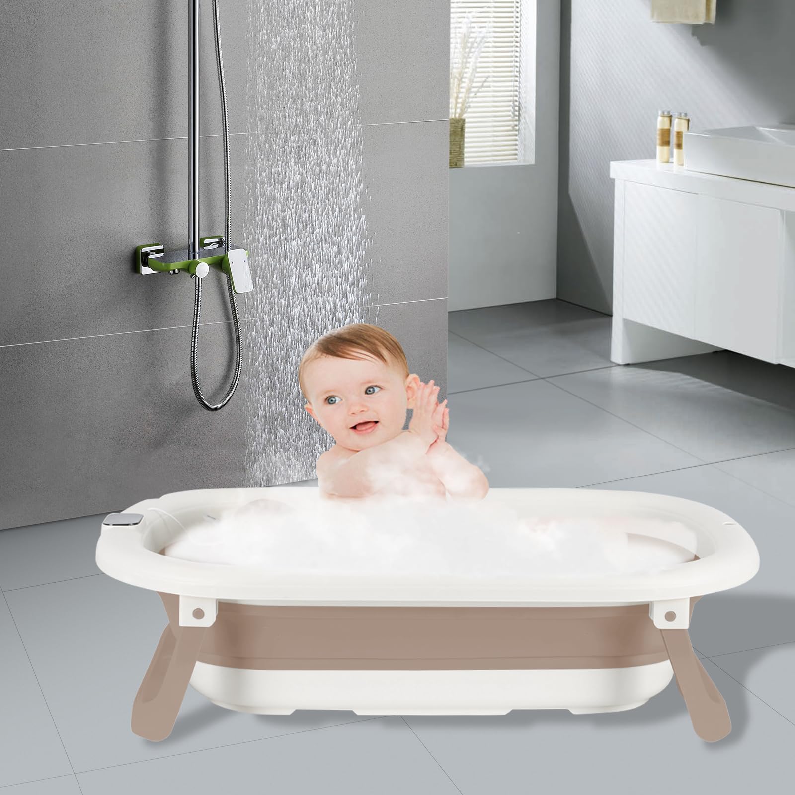 Vasca da bagno pieghevole per neonati, con tappo di scarico e visualizzazione della temperatura e cuscino per sedile, ultra compatto, piedini antiscivolo, A-43 x 71 x 18,5 cm (cachi)