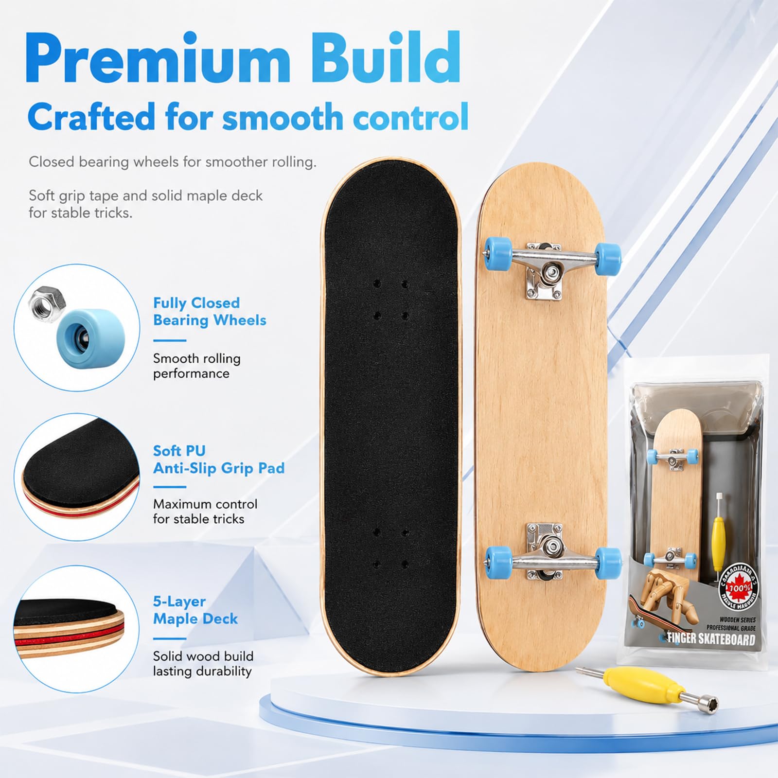 Mini Skateboard Da Dita, Finger Skateboard Giocattolo Legno Di Acero, Compleanno Fingerboard con Accessori per Skateboard Mini per Trucchi e Stunt