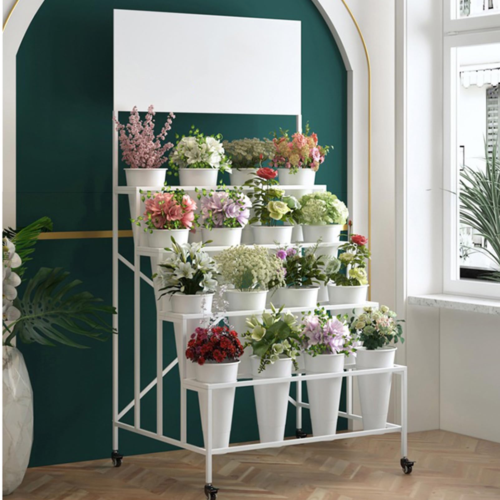 Robusto Carrello portafiori con secchi, scaffale Mobile per Piante su Ruote, Ideale per fioristi, allestimenti per Eventi, espositore per Negozi di Fiori, Carrello in Metallo Versatile