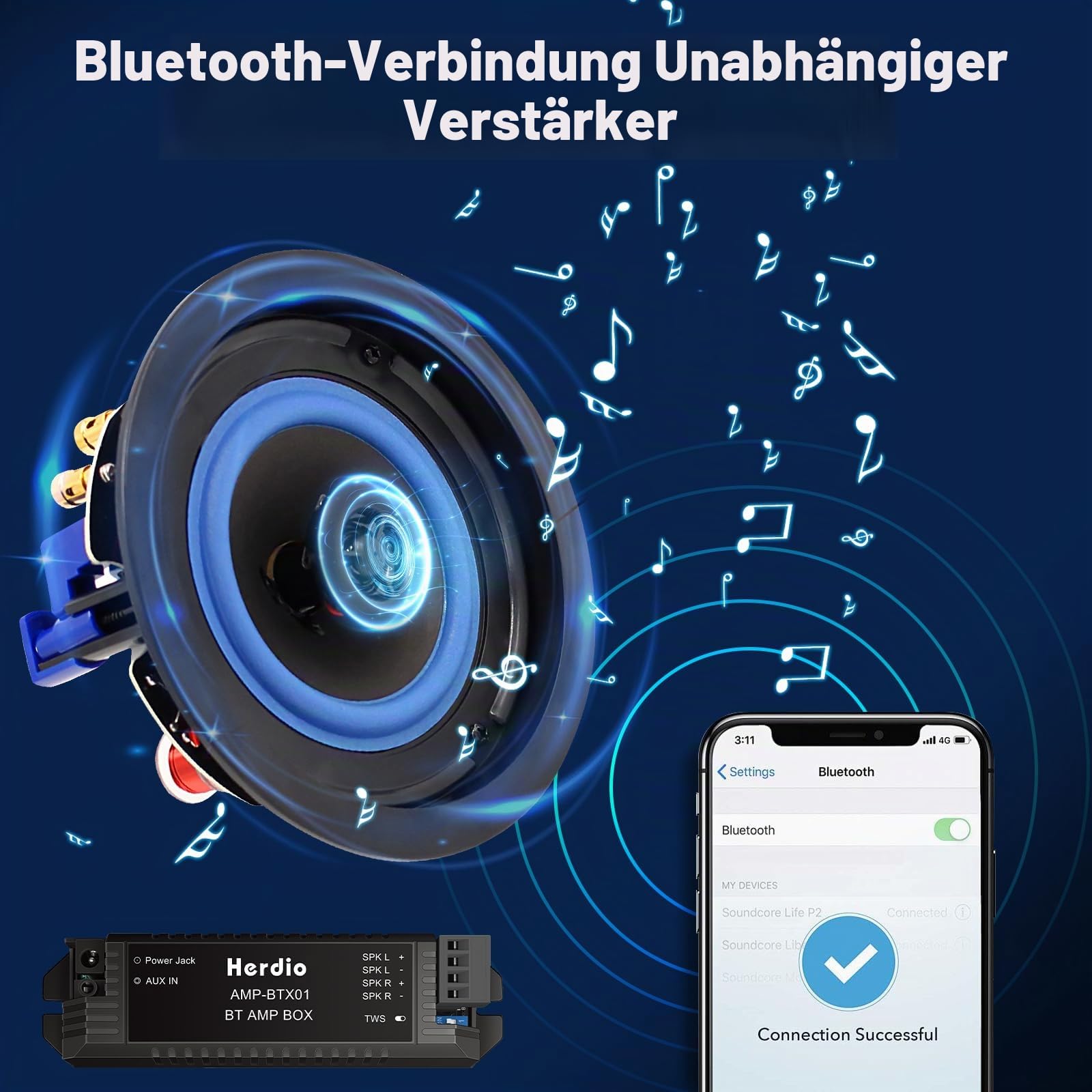 Herdio 4 Zoll Deckenlautsprecher, 160 Watt 2-Wege Einbaulautsprecher, kompatibel mit Bluetooth,Bündige Montage Sound, für Innen und Außenbereich, Schlafzimmer, Veranden (2 Lautsprecher)