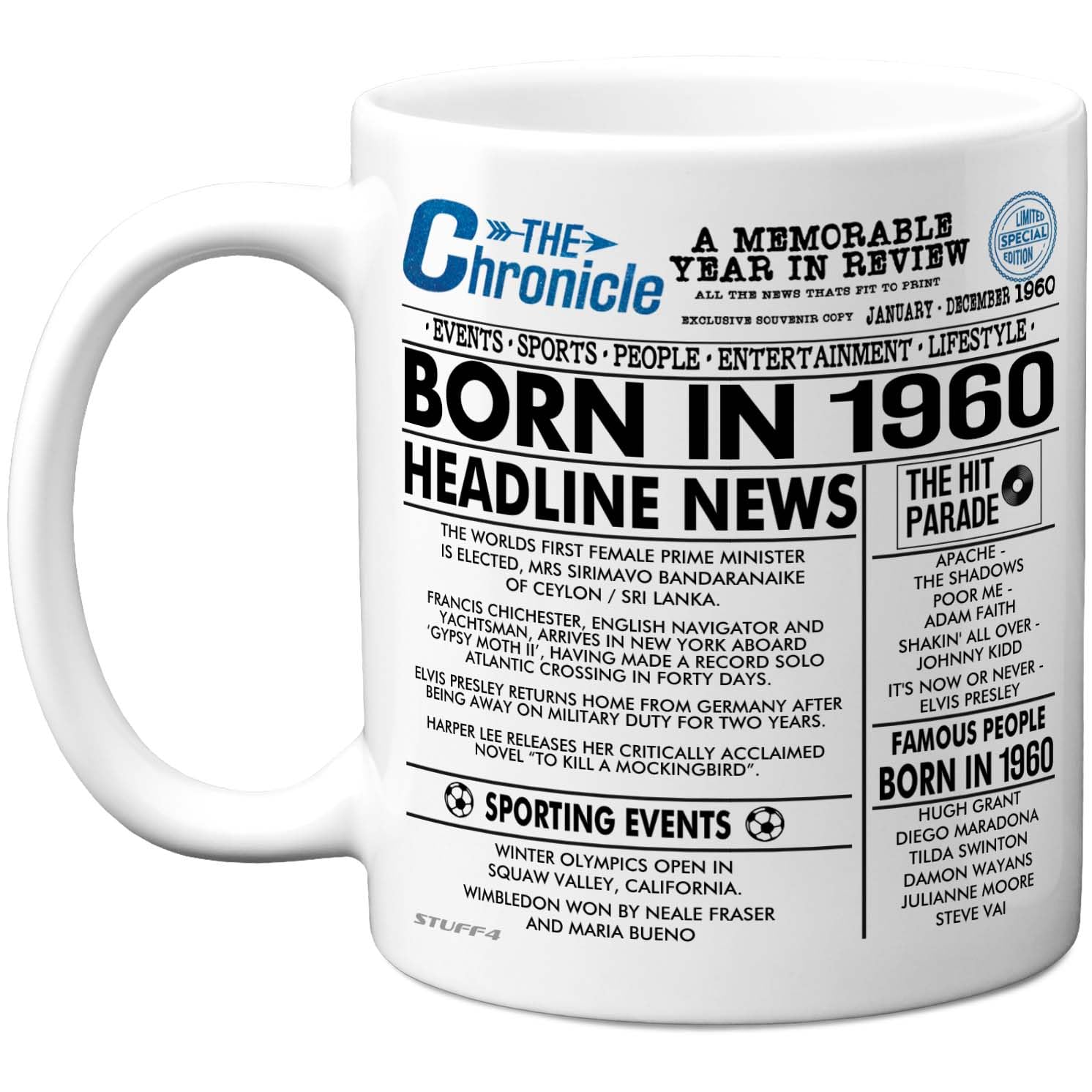 Stuff4 66th Birthday Mug Gift for Men Women - Born in 1960 Newspaper - Happy 66 Birthday Gifts for Grandad Grandma Nan Vintage Retro Back in 1960 Age 66 Bday, 11oz Ceramic Coffee Mugs
