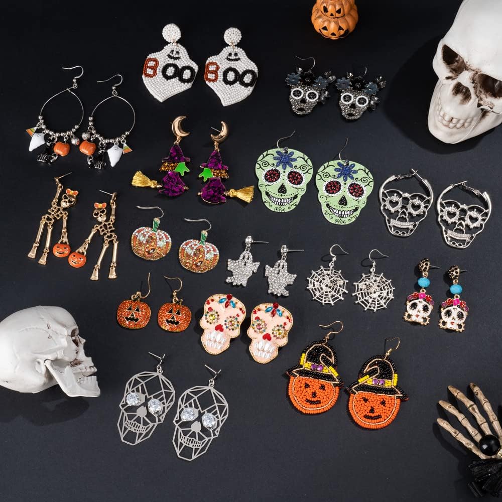 Madison Tyler Halloween Earrings for Women | Skeleton | Skull | Ghost | Pumpkin | Spider web | Wizard hat | Trick or Treat | Halloween Dangle Earrings Gift - Image 6