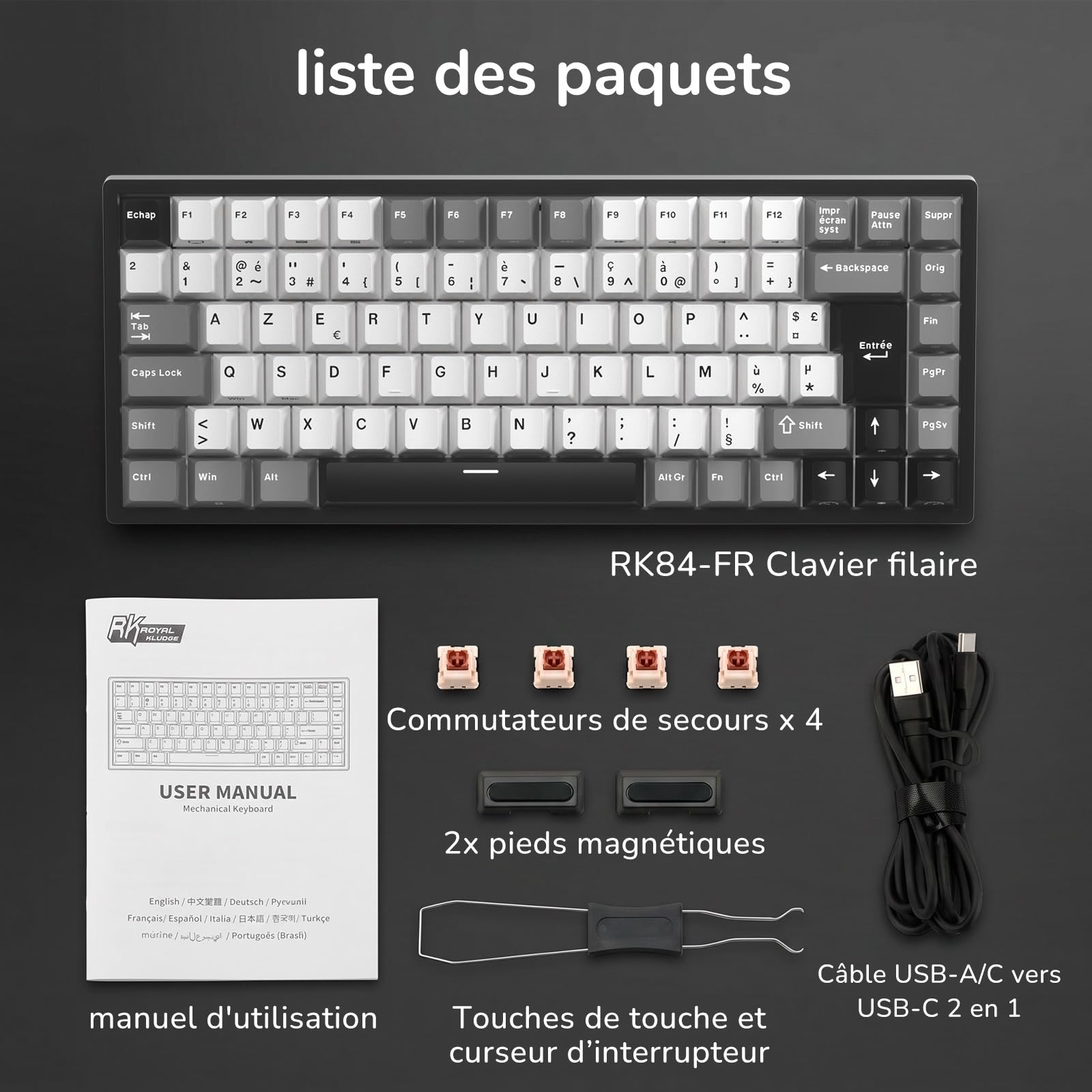 RK ROYAL KLUDGE RK84FR Clavier mécanique, 75% RGB, Hot-Swap, AZERTY