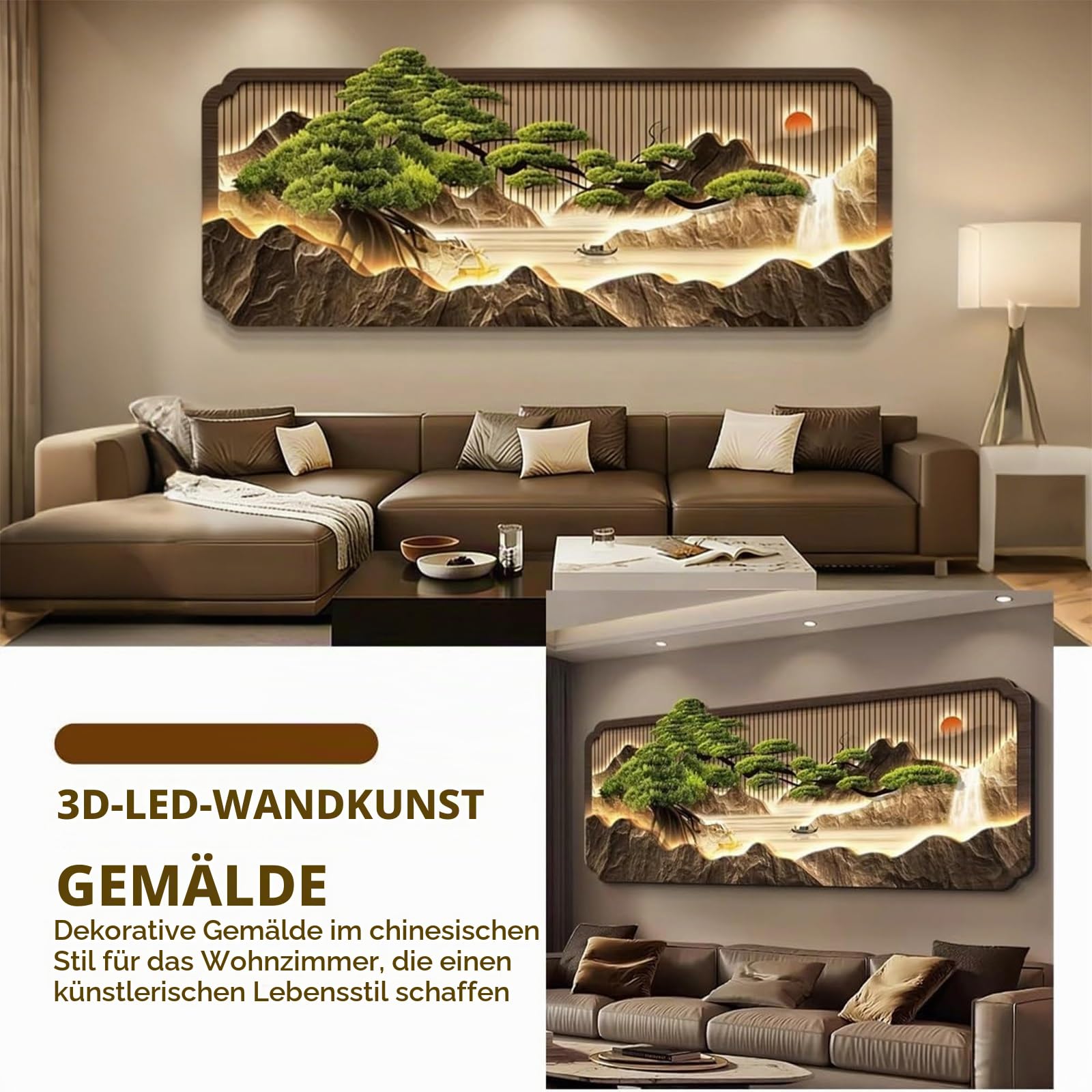 SYXHJTFZ 3D LED Wandkunst Kiefernmuster Kristallporzellan, Beleuchtetes Bild Neuer Chinesischer Luxus Rahmenlos mit Fernbedienung für Wohnzimmer Sofa und Büro(180 * 77.1cm/70.9 * 30.4in)
