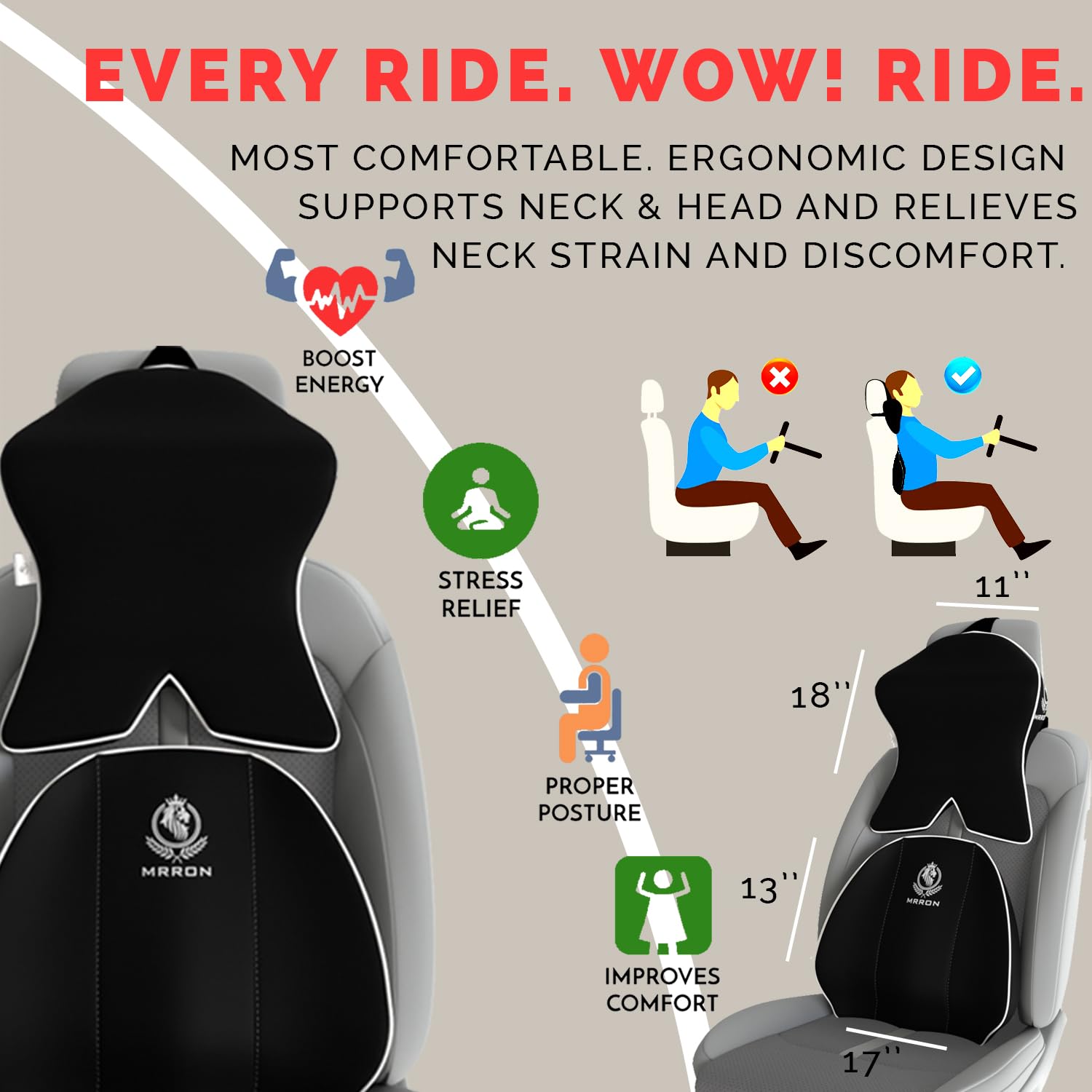 MRRON Series Memory Foam Neck Rest & Extra Lumbar, Relief Pillow, 100% Soft Memory Foam Pillow, Adjustable Strap, Cervical Support for Car Seat. (Black, Spine Support) 1