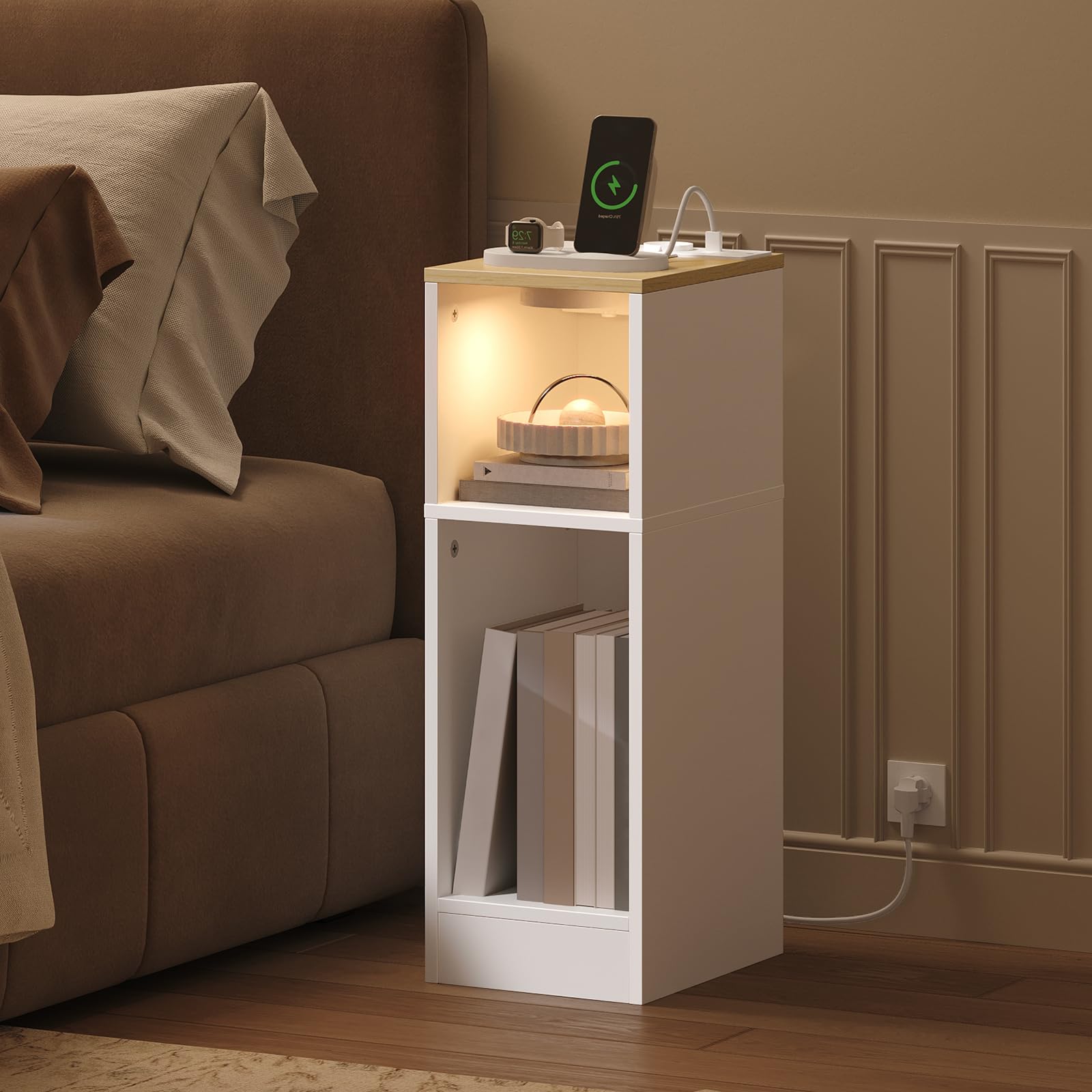 MAHANCRIS Beistelltische mit Ladestation, 2er-Set, Nachttische mit Sensor-LED-Licht, Couchtische, für Kleine Räume, Wohnzimmer, Schlafzimmer, Braun und Weiß AETNW25UE01S2N1