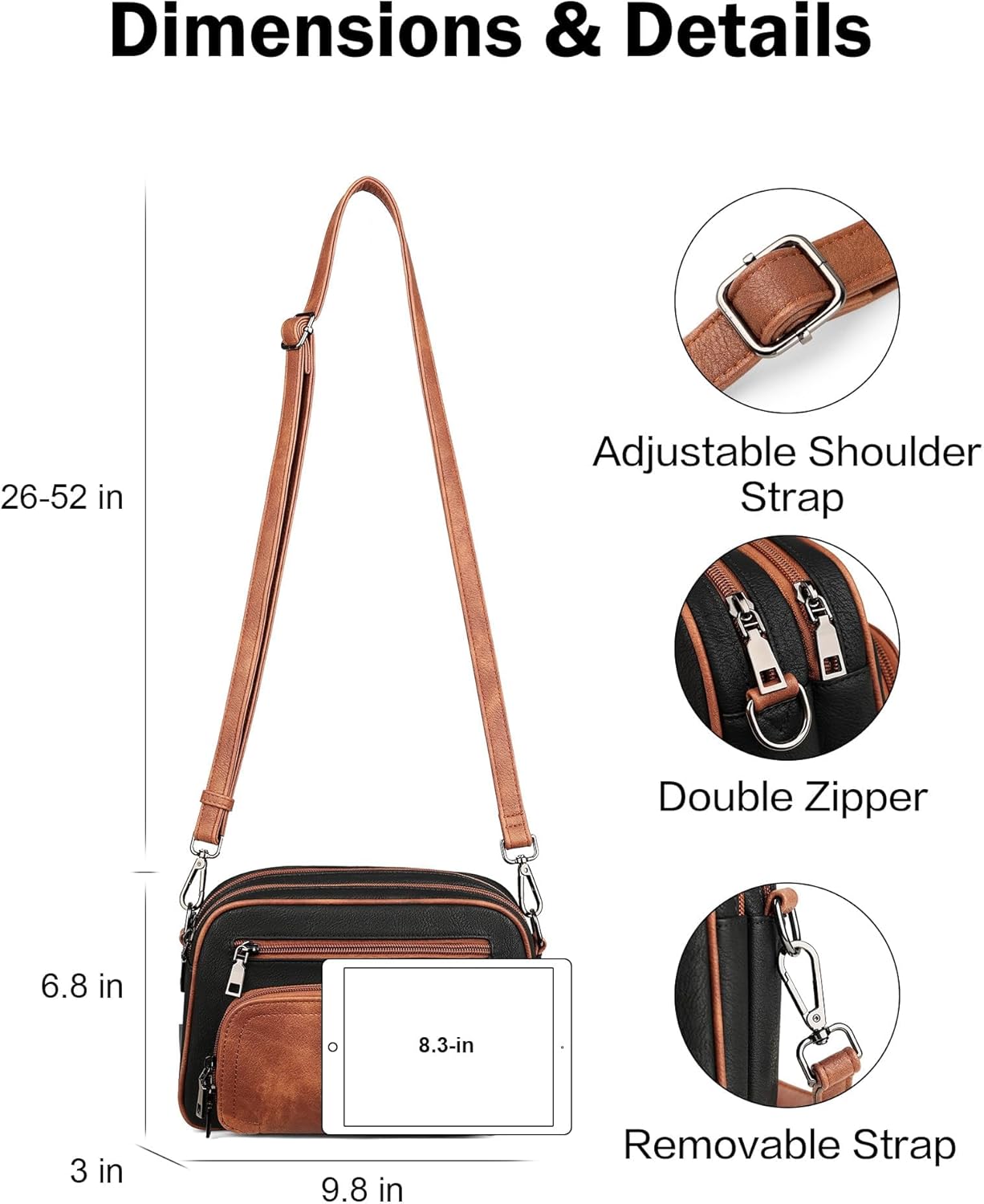 FADEON Crossbody Bags for Women Multi-pocket Leather Crossbody Purses, Designer Shoulder Bag Adjustable Removable Strap Black Brown - Image 5