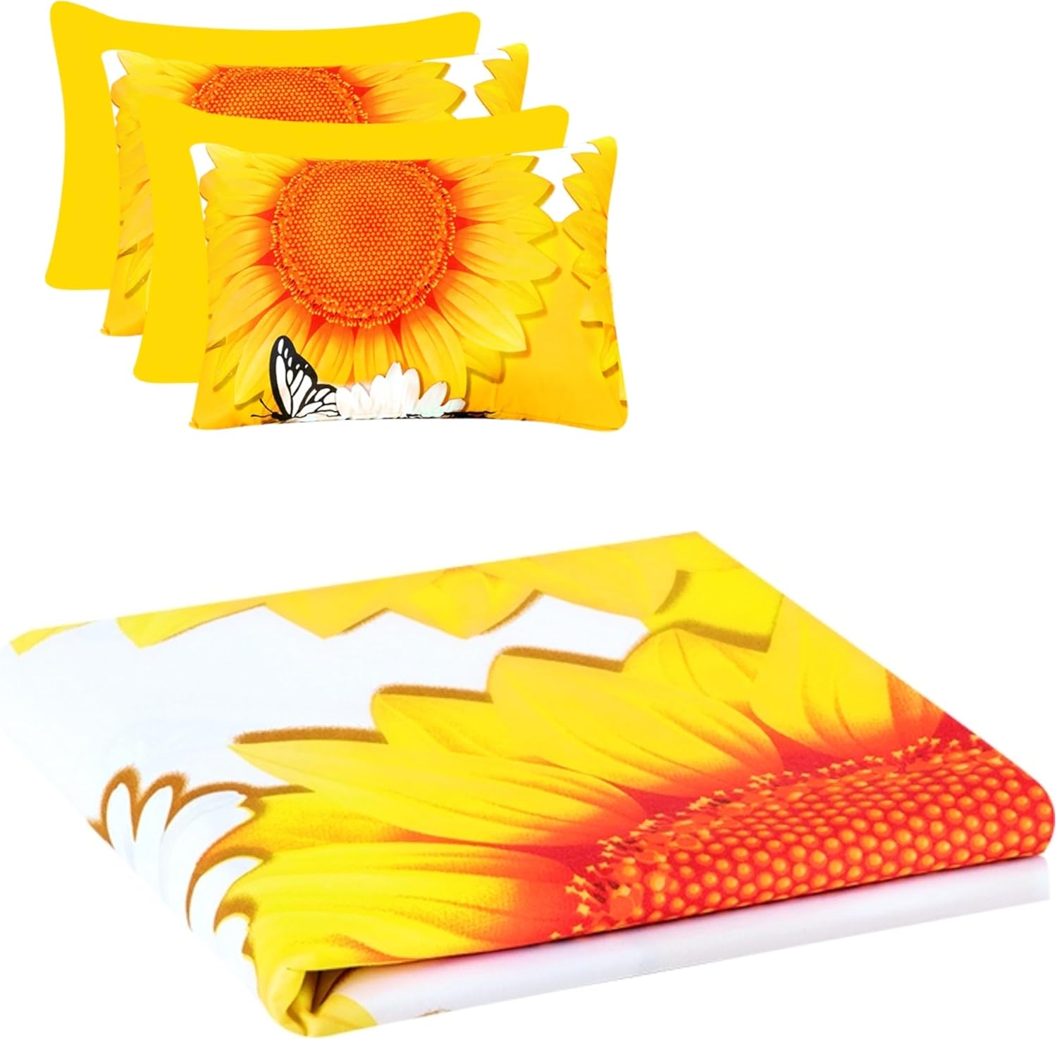 6Pcs Bed Sheet Set Queen Size, Cute Sunflower Floral Printed Soft Microfiber Bedding Sets with 1 Butterfly Patterned Sheet 1 Deep Pocket Fitted Sheet and 4 Pillowcases, Yellow