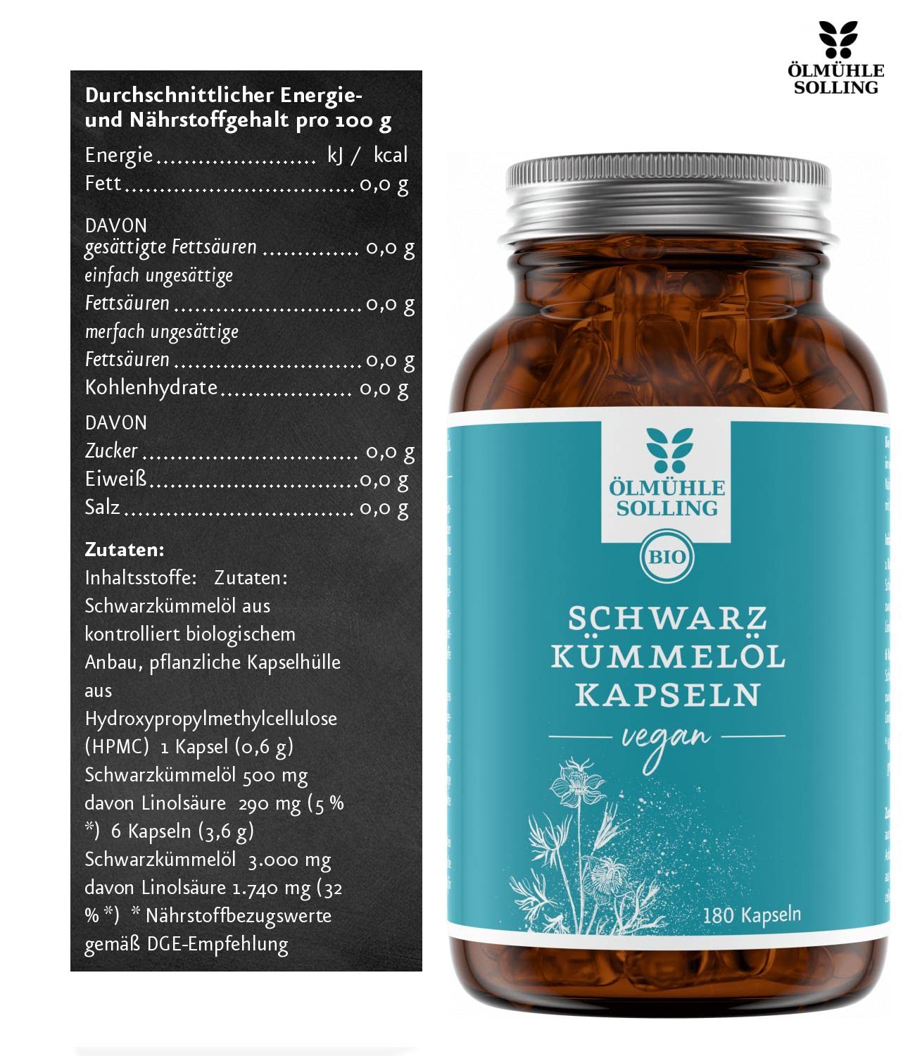 ÖLMÜHLE SOLLING - BIO Schwarzkümmelöl Kapseln | Nahrungsergänzungsmittel aus nativem Bio-Schwarzkümmelöl. Mit großem Anteil der zweifach ungesättigten Linolsäure. Vegan | Inhalt: 180 Kapseln