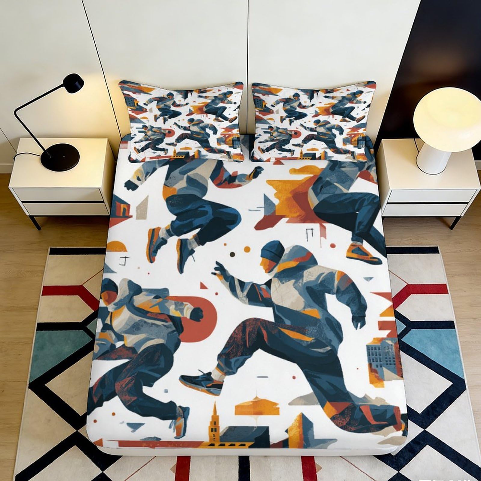 3D Printed Hip Hop Fitted Sheet Microfiber Deep Pocket Bedroom Bedding Set Graffiti Mattress Fitted Cover Non-Slip Elastic Hem 140x200x25cm