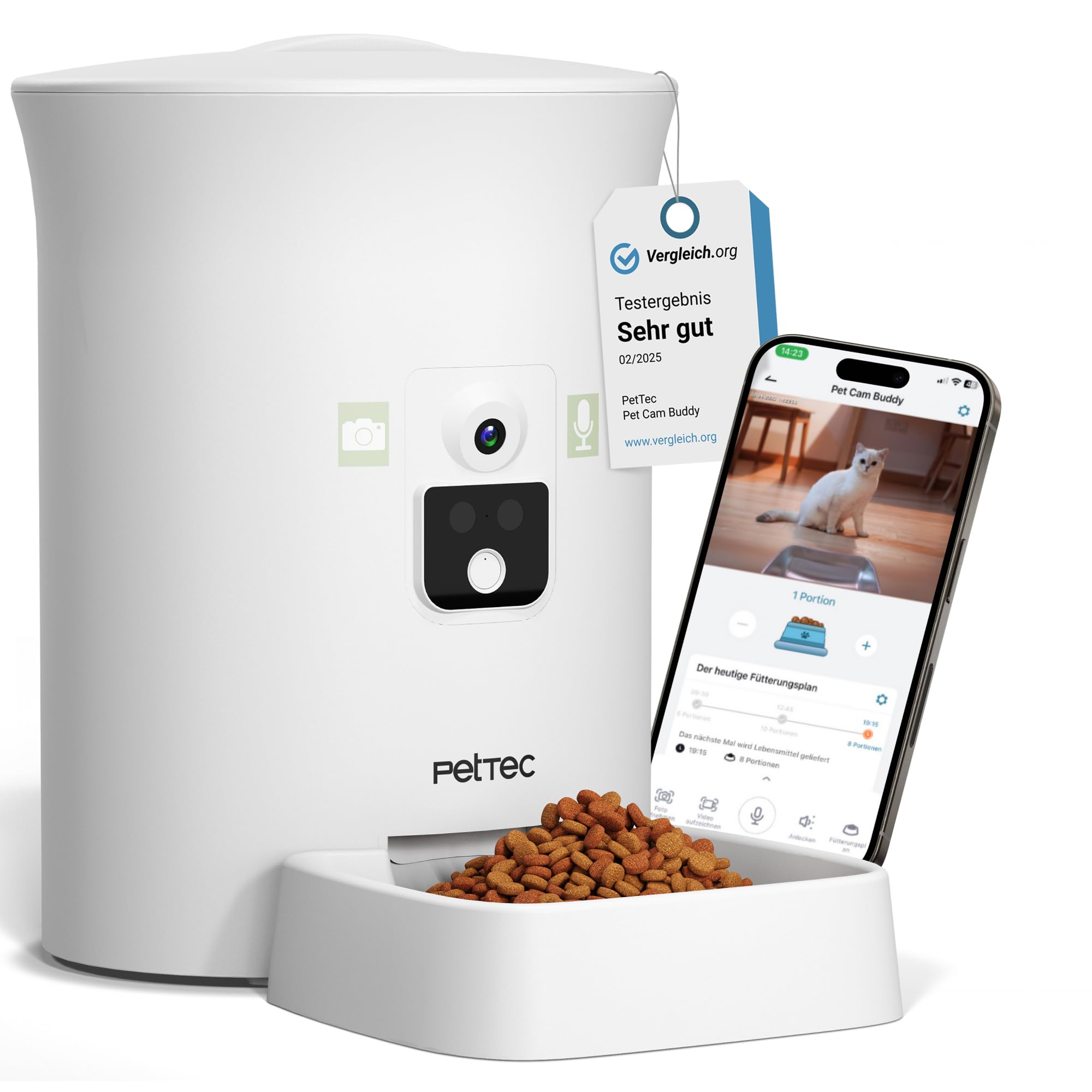 PetTec – Pet Cam Buddy Haustierkamera Futterautomat 8L für Katzen- & Hunde-Trockenfutter – Automatischer Futterspender mit WLAN & App-Steuerung -Inkl. 2-Wege-Audio, Bellerkennung & Nachtsicht