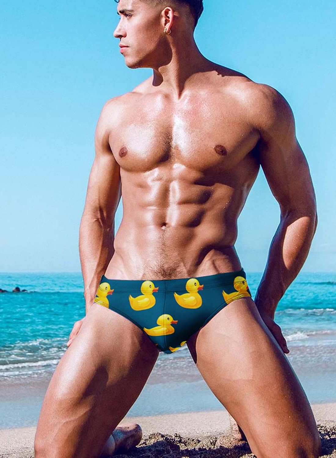 MIZOK Men's Sexy Cartoon Print Swim Bikini Low Rise Surfing Briefs Quick Dry Swimsuit Swimwear Short: Large Navy