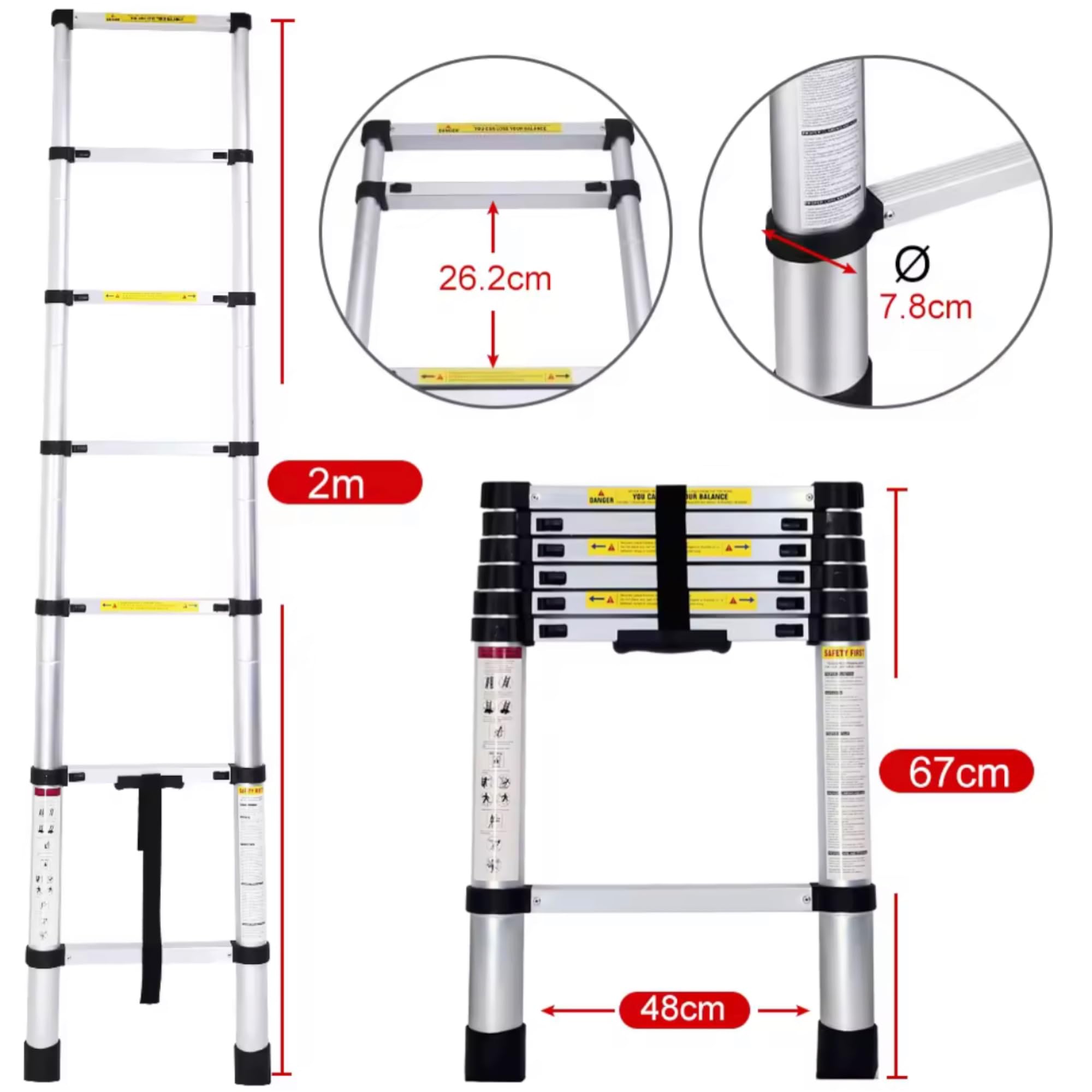 Escalera Plegable Telescópica de Aluminio Multiusos Portátil Extensible - Tamaños: 2 Metros | Fácil Uso y Mecanismo Sencillo | Botón de Bloqueo (2 Metros)