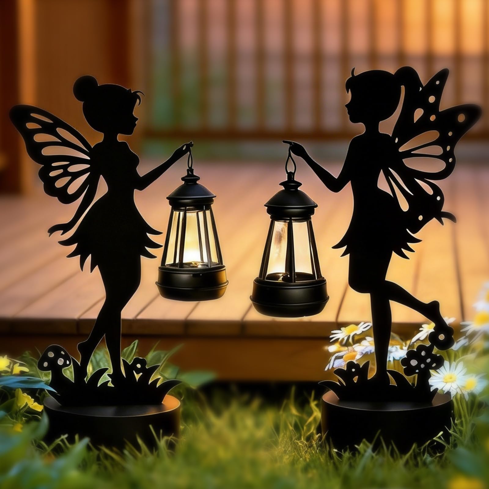 2 pezzi in metallo fata luce solare decorazione per esterni, statua di ferro, decorazione da giardino grande 30 cm con luci a energia solare, statua da giardino impermeabile, decorazioni per