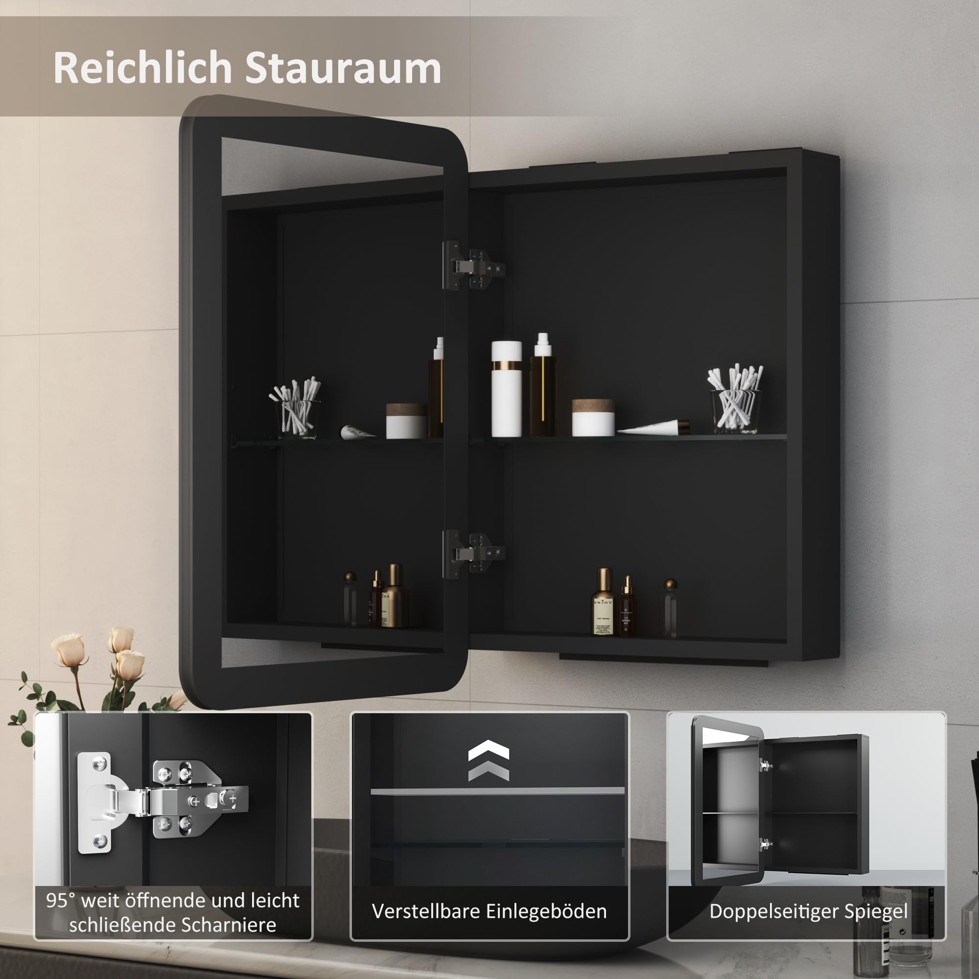 Spiegelschrank Schwarz Spiegelschrank 50x70cm Bad Metall Badezimmerschrank mit Spiegel Badezimmerspiegelschrank mit Verstellbare Glasablage