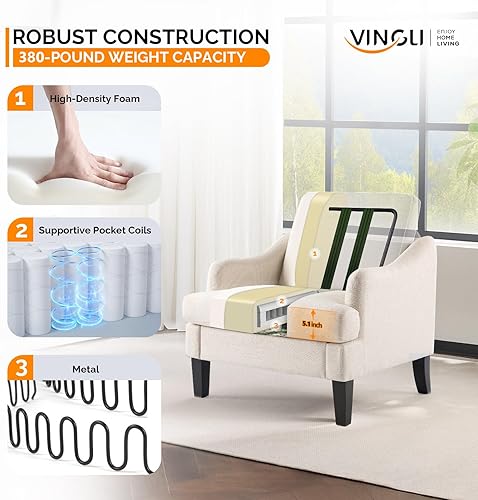 Miniatura 4 de VINGLI Juego de 2 sillas decorativas de tela de lino, sillón tapizado moderno beige, cómodo sofá, sala de estar, dormitorio, muebles para apartamento