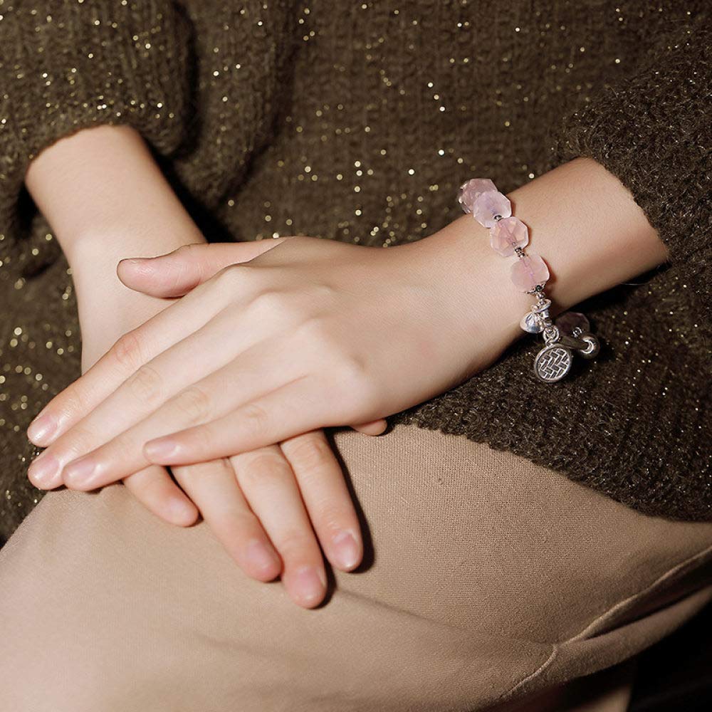 S925 Vintage Pulsera De Plata para Mujeres Hombres Natural Rosa Cuarzo Cristal Abalorios Beads Sencillo Y Simple Estilo Chino Personalidad Creativa Encanto Hermoso Regalo