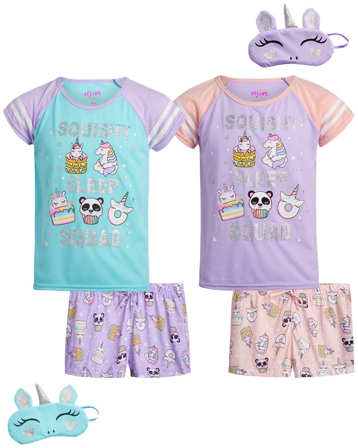 dELiAs Girls' Pajamas - 4-Piece Short Sleeve T-Shirt and Sleep Shorts with Eye Mask Sleepwear Set (Little Girl/Big Girl)