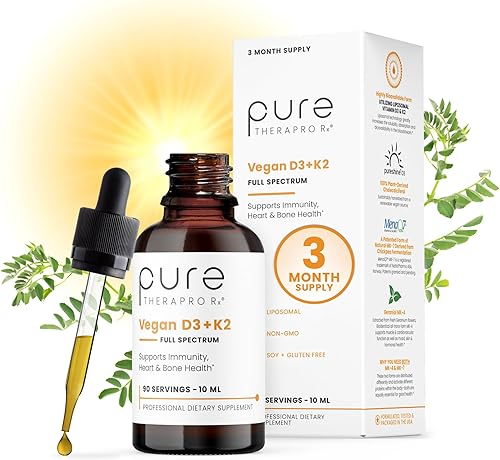 Pure Therapro Rx Vegan D3 + K2 Orgánico 100% Liposomal 10ml Hecho en EE. UU. | Suministro para 3 Meses | Suplementos de Vitamina D3 y Vitamina K2 de