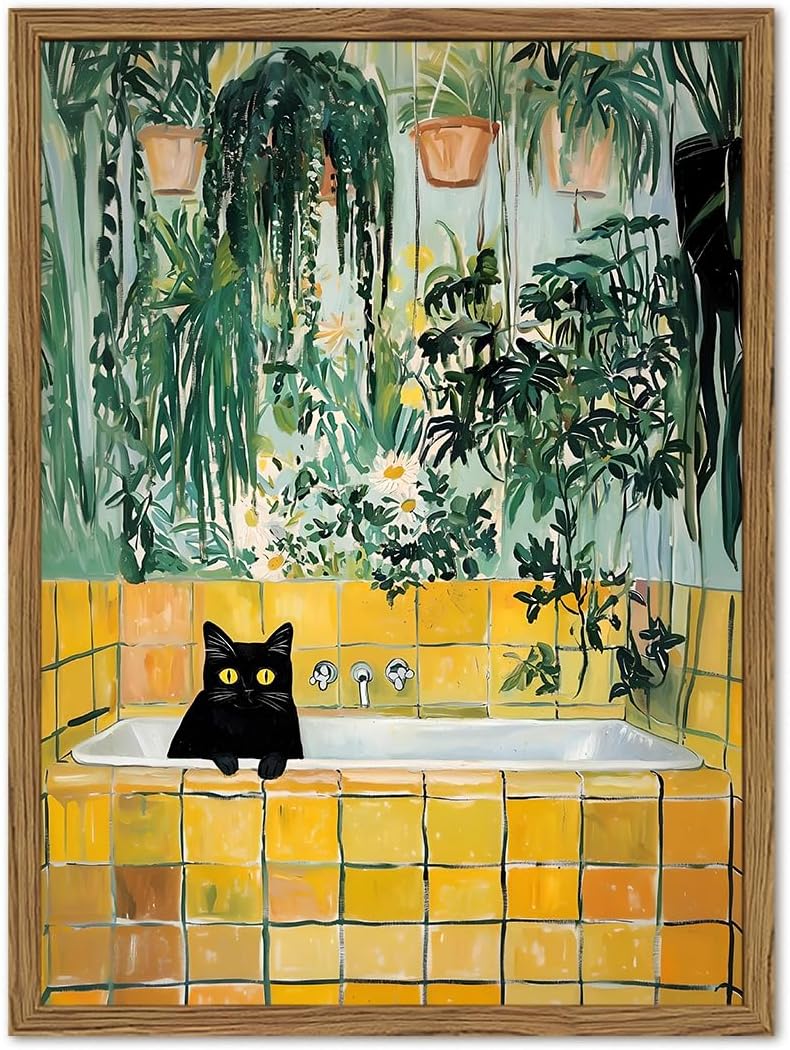 Funny Cat Bathroom Wall Art Cute Black Cat in Bathtub Wall Decor Painting Vintage Animal Bathroom Poster Canvas Picture Print 12x16 inch Wood Framed