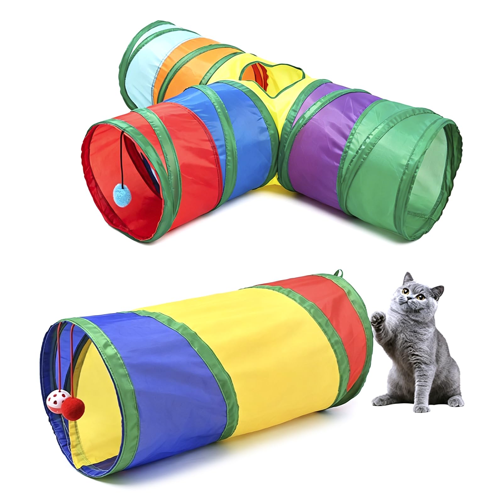 2 Pcs Rainbow Cat Tunnel for Indoor Cats, Pop Up Tunnel, Play Tunnels 3-Way and Cube Foldable Pet Play Tunnels for Cat Rabbits Puppies Guinea Pigs