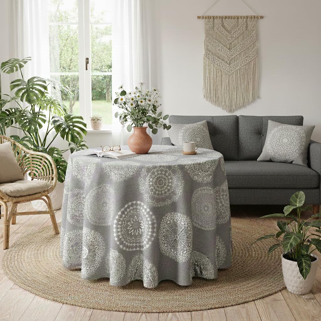 LaFábricadelasTelas - Falda o Ropa de Mesa Camilla Redonda Mandala Primavera Verano Loneta Estampada algodón, Faldón Faldilla enagüilla (Gris, 100cm diámetro)