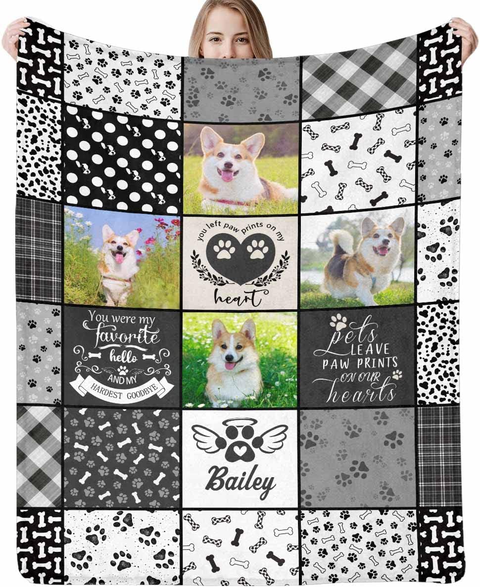 D-Story Pet Dog Memorial Gifts Personalized - in Loving Memory of Loss Dog Custom Blanket with Dogs Pictures and Name - Loss Pet Sympathy Remembrance Gift for Kids and a Grieving Pet Owner