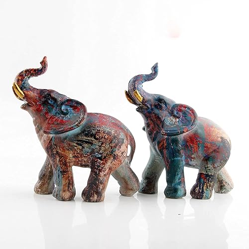 Miniatura 10 de Juego de decoración de elefante de la suerte con troncos  Feng Shui resina negro y dorado pareja elefante figuritas  Par de estatuas de elefantes,