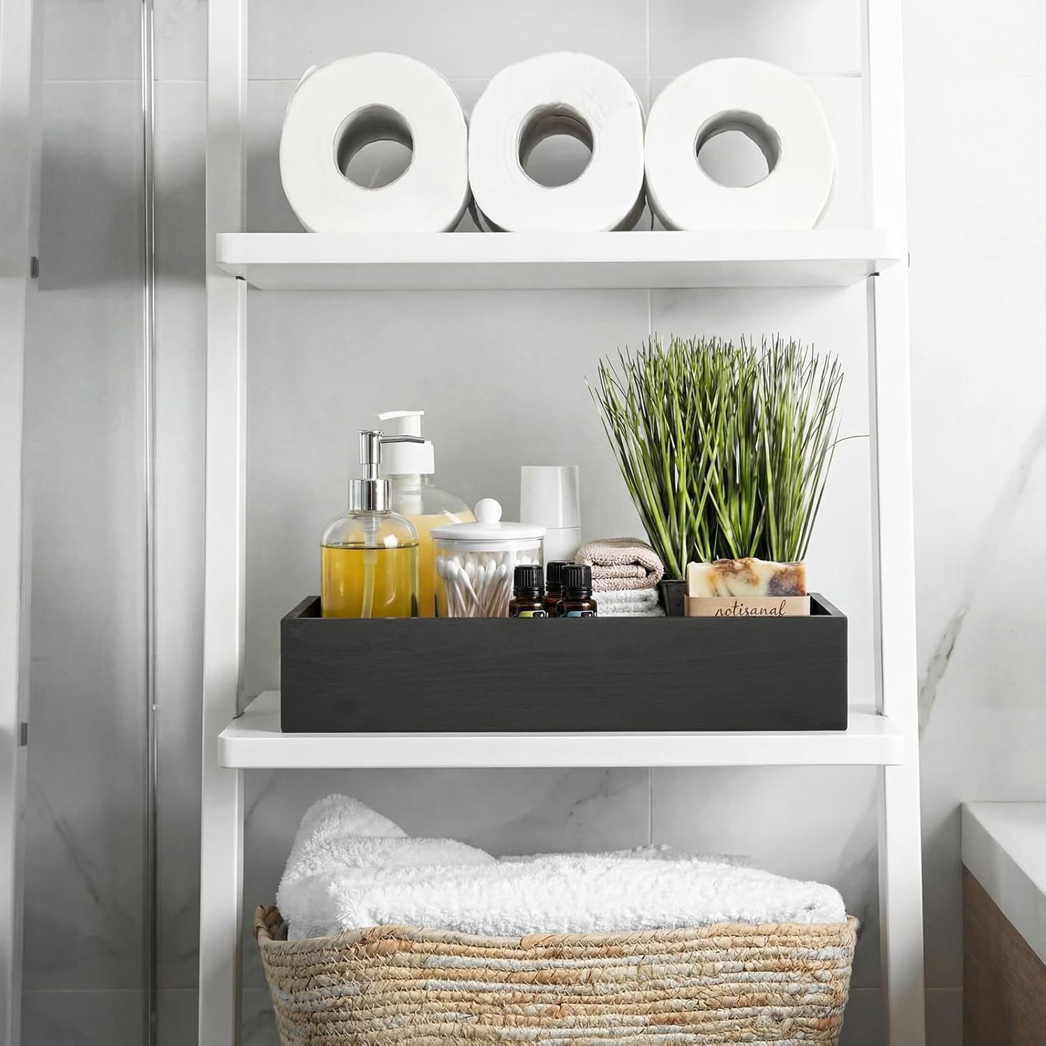 2 Pcs Bathroom Basket Wooden Toilet Tank Paper Basket with Handle Black Bathroom Decor Box Back of Toilet Storage Organizer for Bedroom Vanity Kitchen Countertop Dresser Shelf Decor