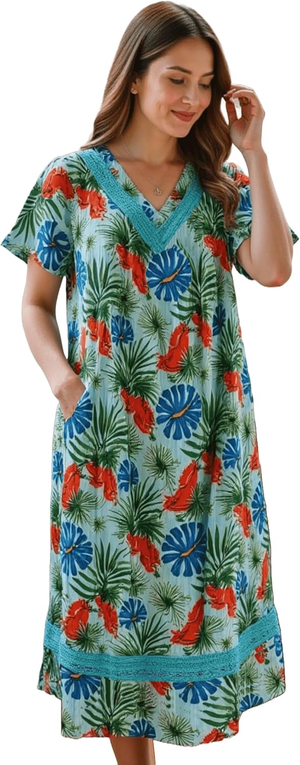 Women's Short Sleeve Light Blue Gauze Lounger House Dress - Crochet V Neck and Pockets