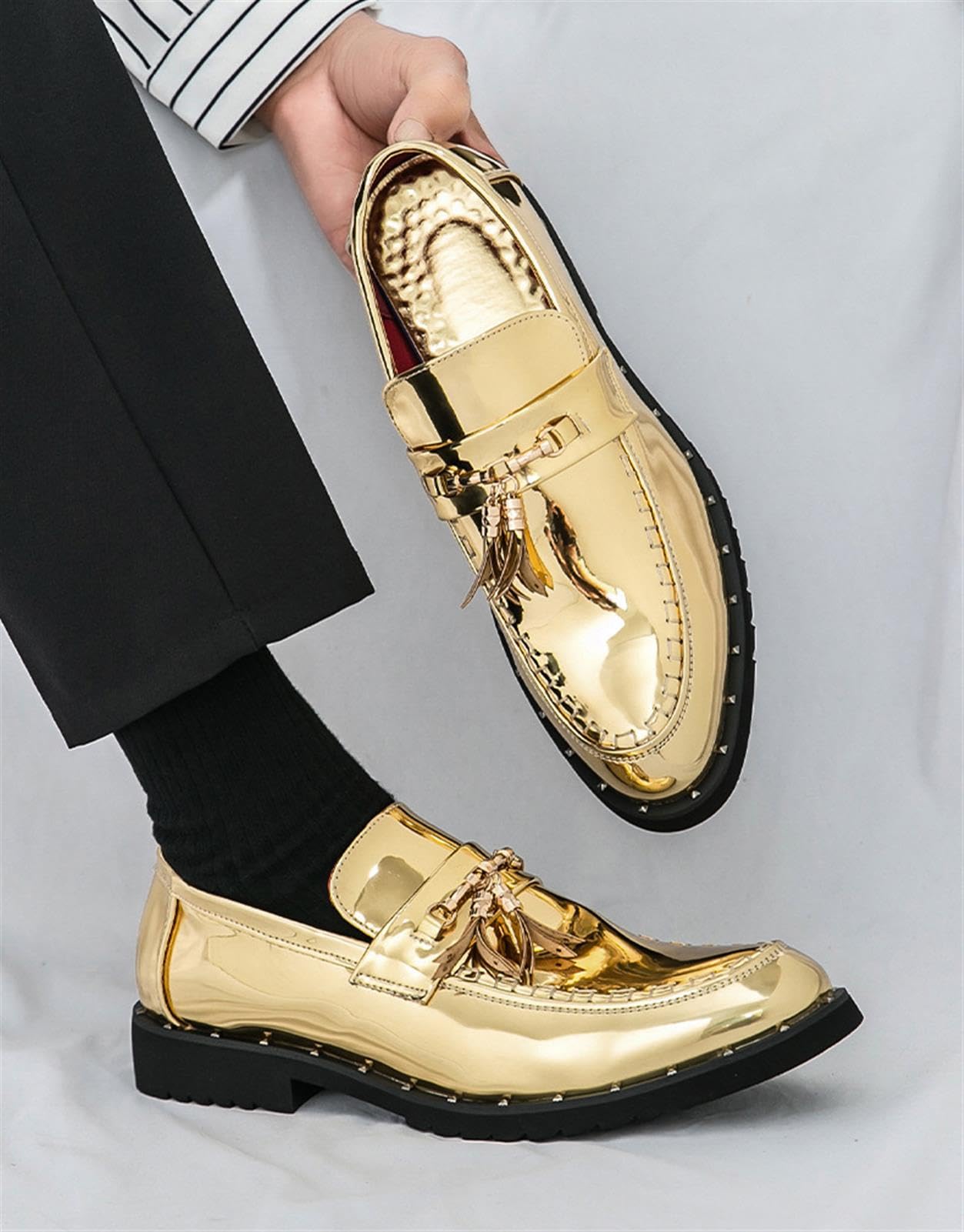 Mocassini da Uomo in Pelle Verniciata Lucida Scarpe Eleganti Slip-on con Nappine Suola Spessa per Matrimonio Festa