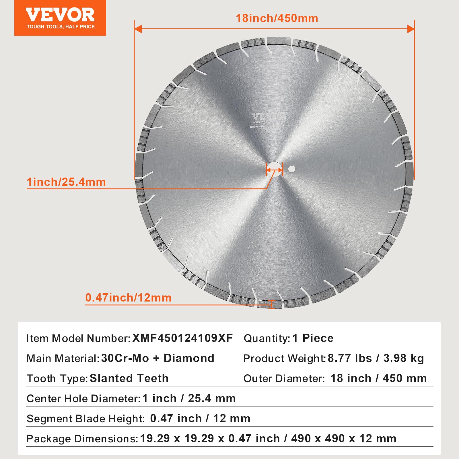 VEVOR Disque à Tronçonner Diamanté 450 mm, Disque Diamant Humide ou Sèche, Lame de Scie à Béton avec Dents Inclinées de 12 mm, Diamètre du Trou Central Universel 25,4 mm, pour Béton, Carrelage, Brique