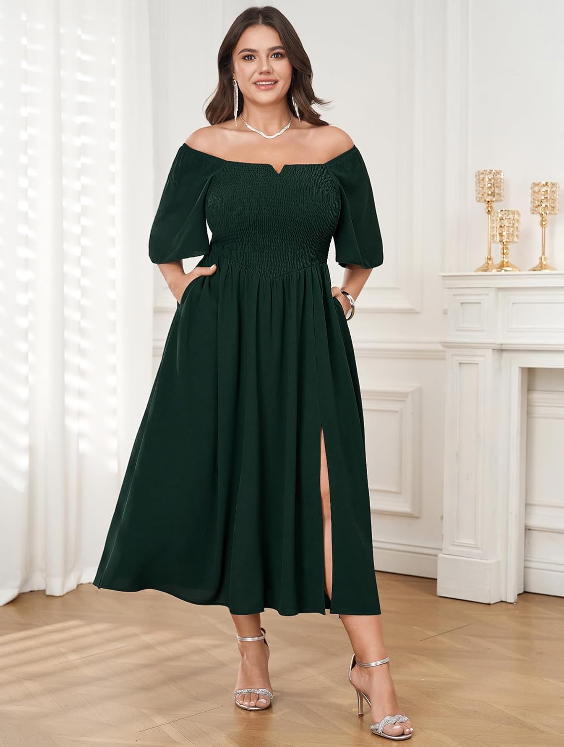 Plus Size Maxi Dress for Women Short Sleeve Elegant Square Neck Smocked A Line Pockets Side Slit Flowy Long Dresses - Image 3