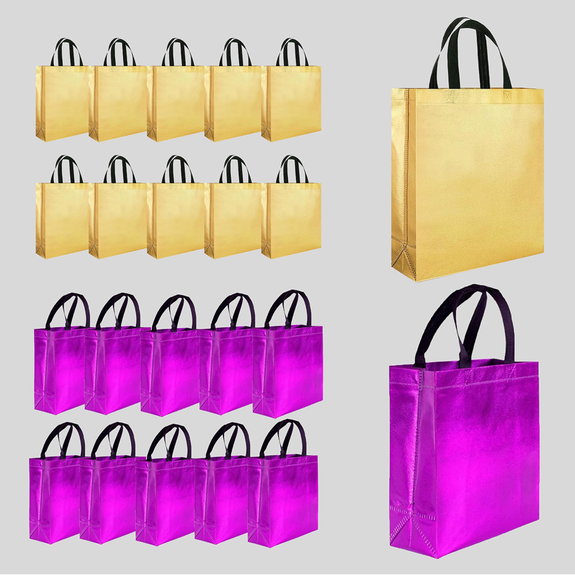 Evafly Gift Bag Medium Size Pack of 20 : L13 x W12 x D4 inch|Resuable Non-Woven Shiny Metallic Laminated|Return Gift For Haldi/Wedding Favours/Baby Shower/Birthday|2 colors|Golden + Pink