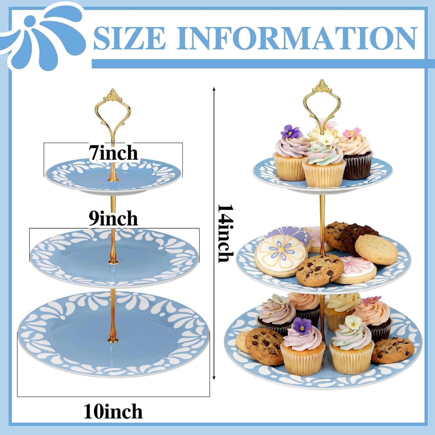 Lallisa Cielito Lindo 3 Tier Dessert Stand 10", 9", 7" Ceramic Soporte De Cupcakes De Tres Pisos para México Tea Party Display Tower for Mexican Baby Shower Birthday Decorations(Blue)