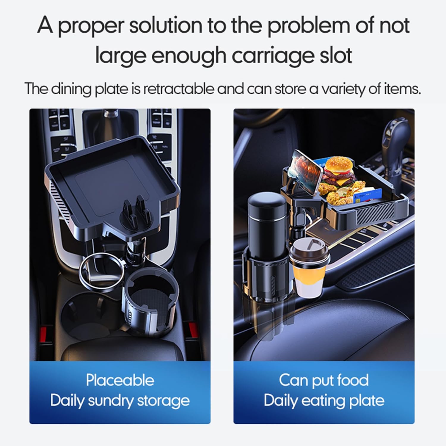 Car Cup Holder Tray, 10 Inch 4-in-1 Cup Holder Tray, 360° Rotating Drink Holder Expander with Detachable Food Tray & Phone Holder, Road Trip Essentials