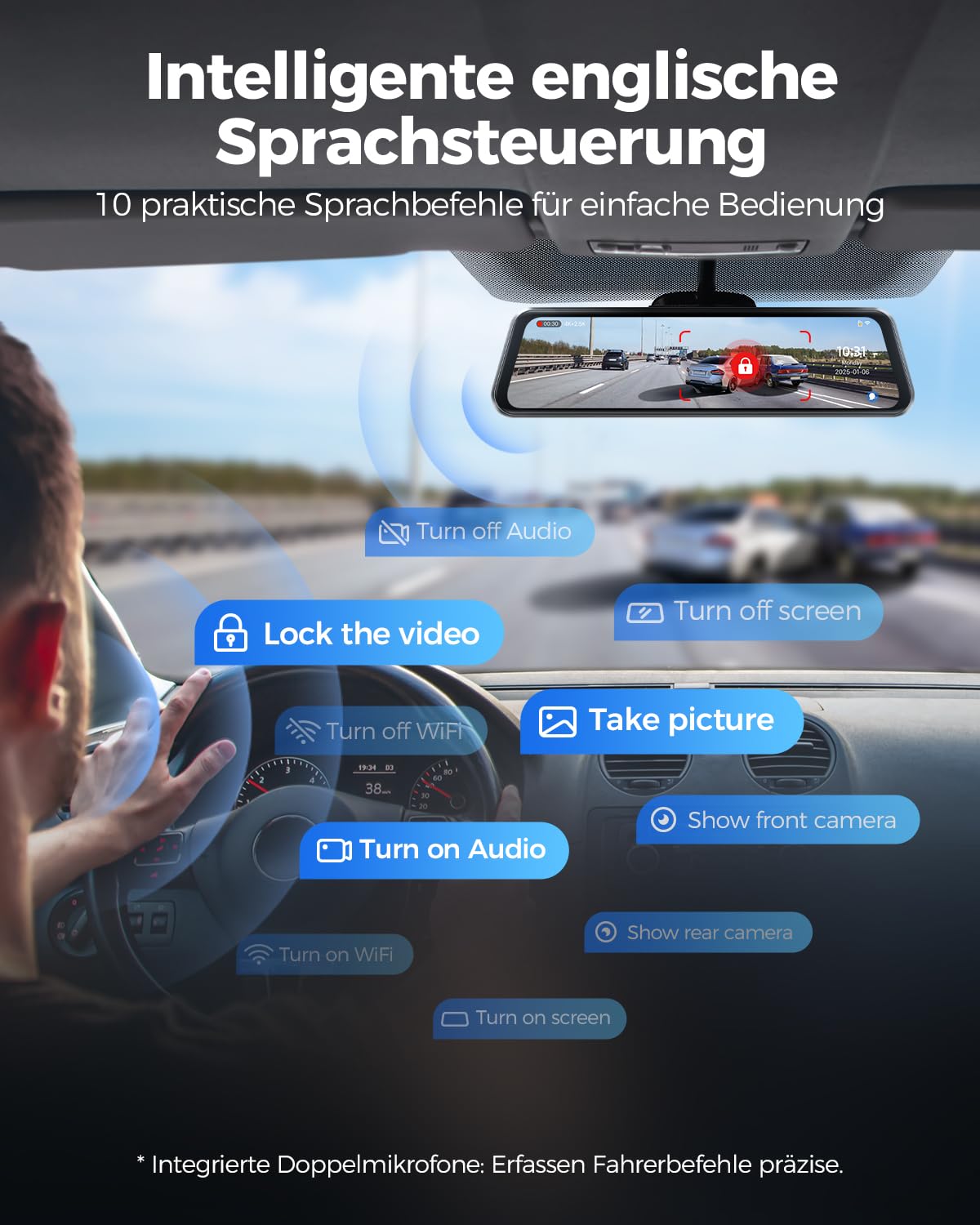 AZDOME Dashcam Auto Vorne Hinten, 4K Spiegel Dashcam 4K+2.5K Rückspiegel Kamera mit 64GB Karte, 5.8GHz WiFi GPS, 12 Zoll IPS Touchscreen, Super Nachtsicht, WDR, Sprachsteuerung, PG17 MAX