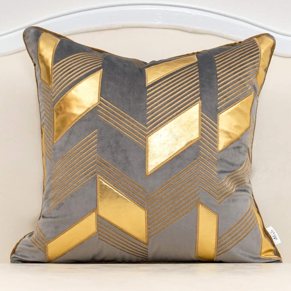 Alerfa 20 x 20 Inches Gray Geometric Gold Leather Striped