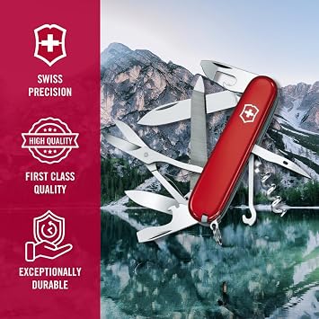Victorinox Mountaineer Swiss Army Knife, 18 Function Swiss Army Knife with 2 Blades, Corkscrew, Scissor and Hook - Red