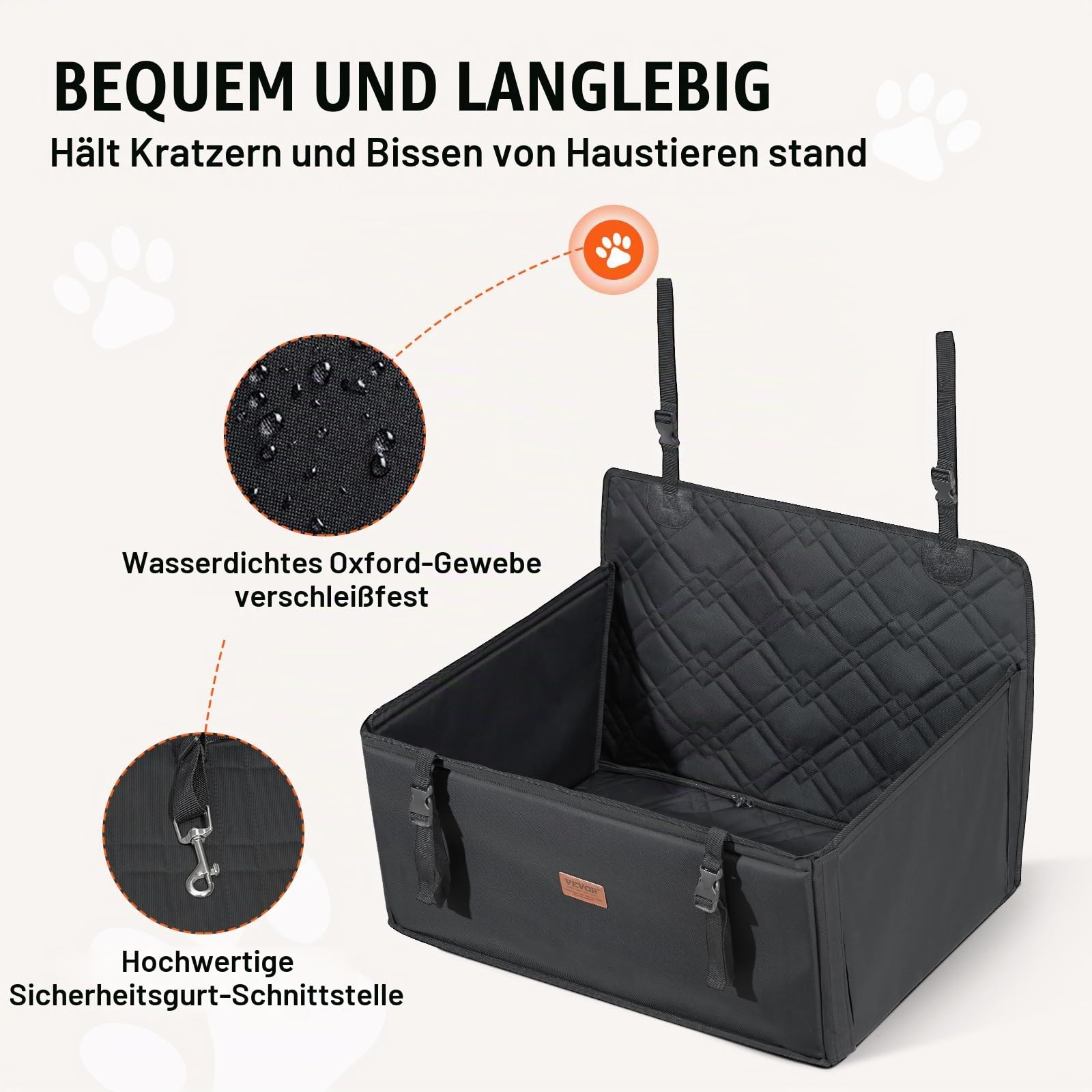 VEVOR Autositz Hunde 75 x 58 x 50 cm, Hundeautositz mit Stützrahmen, Haustierautositz mit ansteckbarer Sicherheitsleine, Baumwollfüllung, Rücksitz für kleine mittele Hunde bis 22 kg, Schwarz